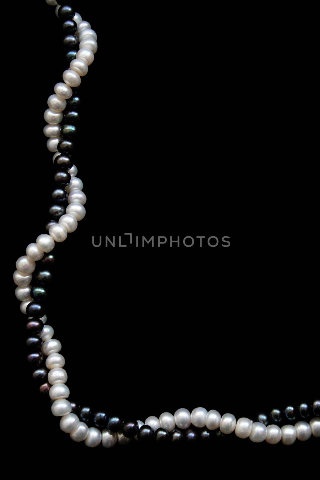 White and black pearls on a black velvet background 