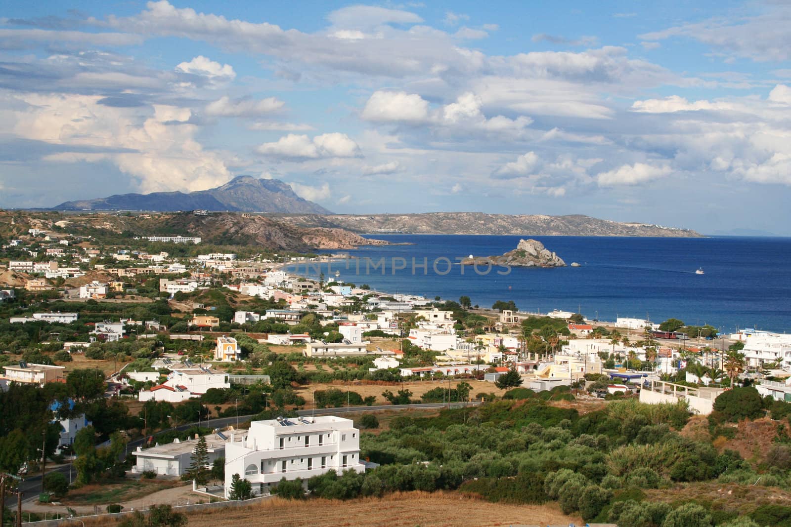 Greece. Kos island. Bay of Kefalos with a Castri isle