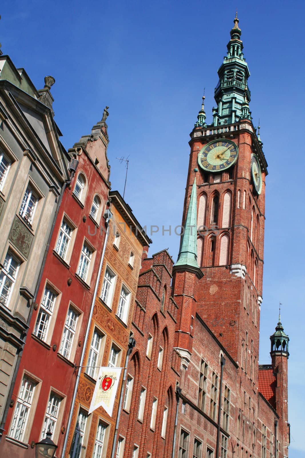 Poland. Gdansk city. Town hall with clock