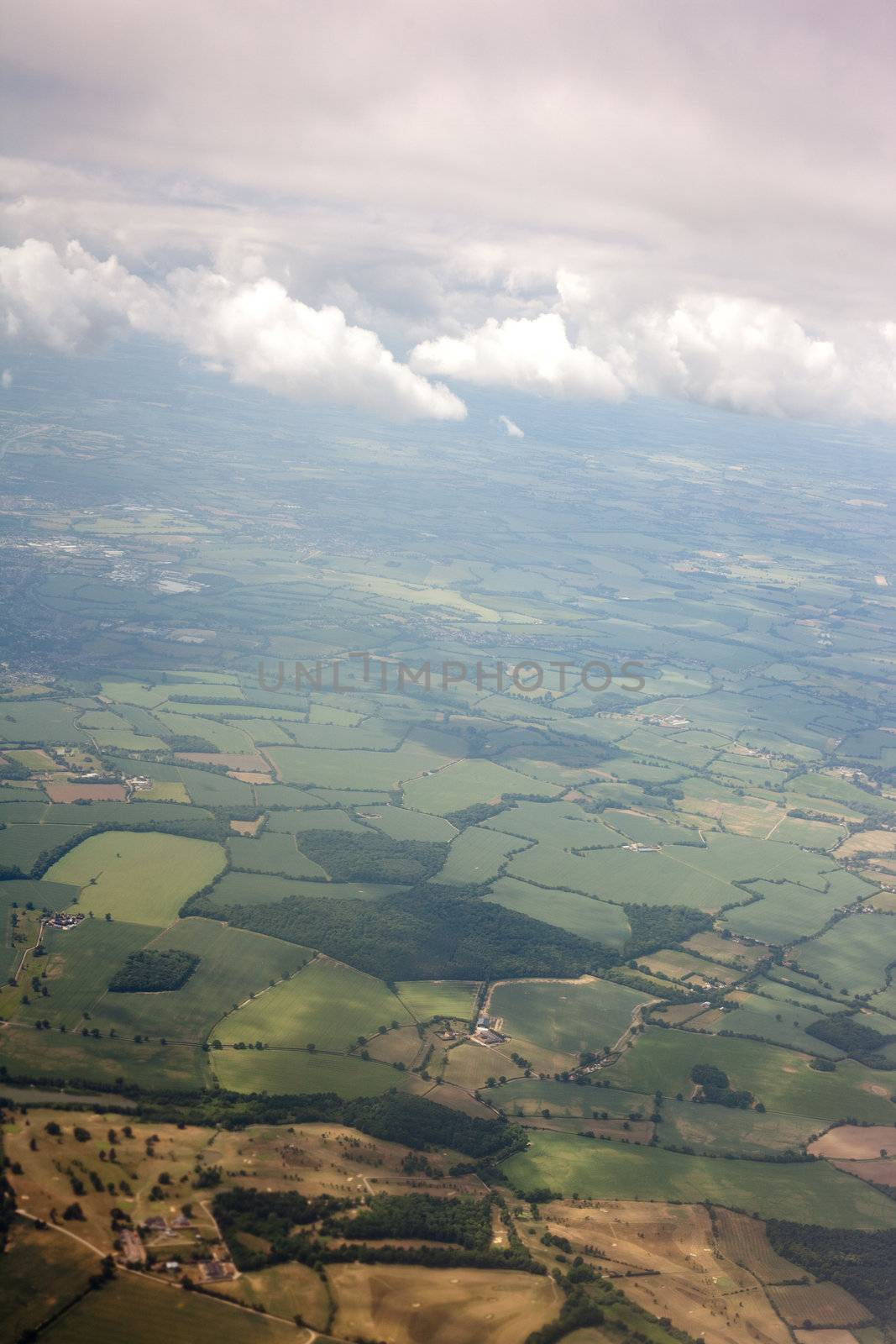 Aerial view of farmland area landscape from airplane. Photo taken near Stansted (London) airport