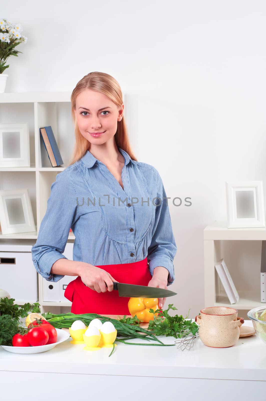portrait beautiful woman cooking vegetables, healthy lifestyle