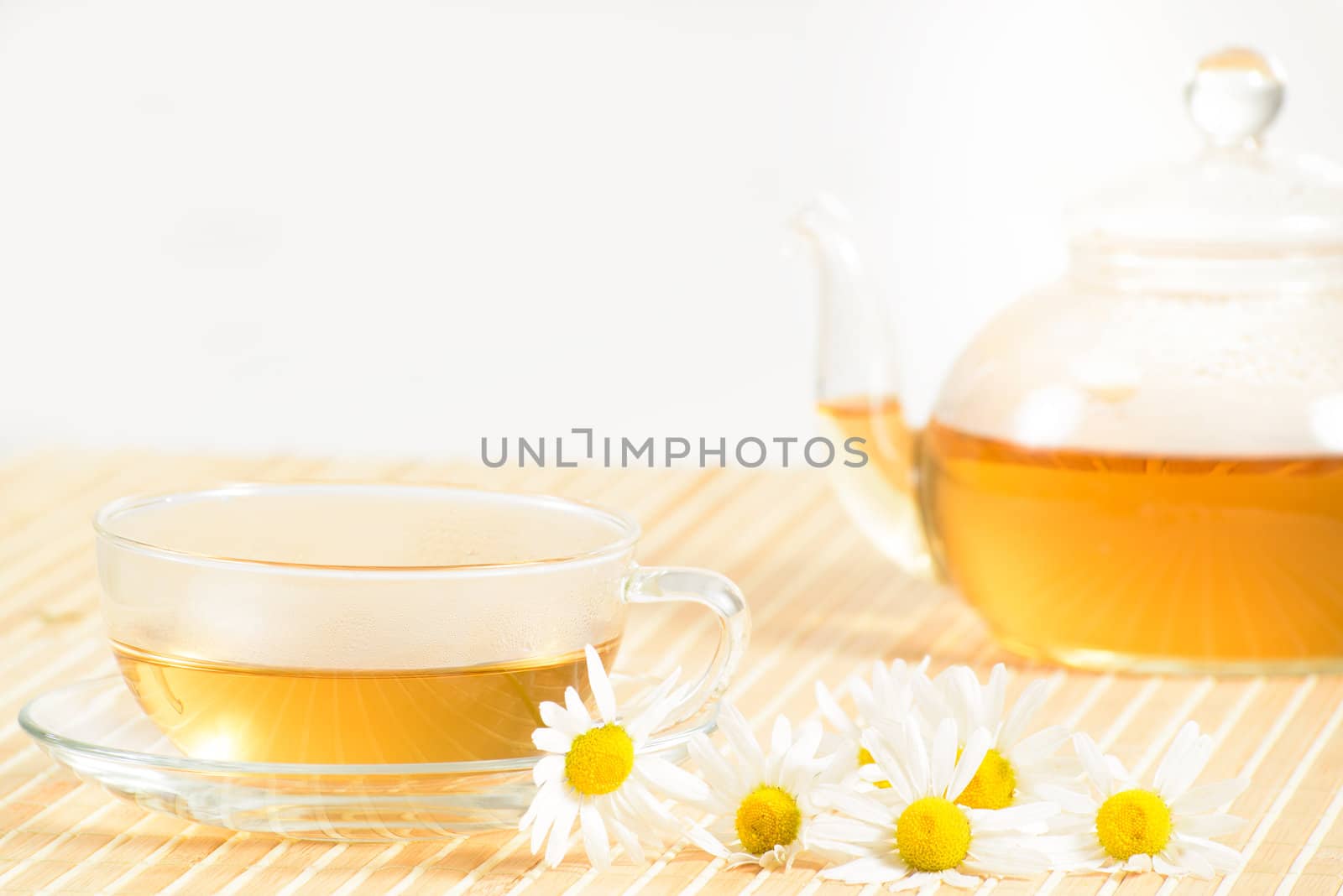 A teacup and a teapot with herbal chamomile tea