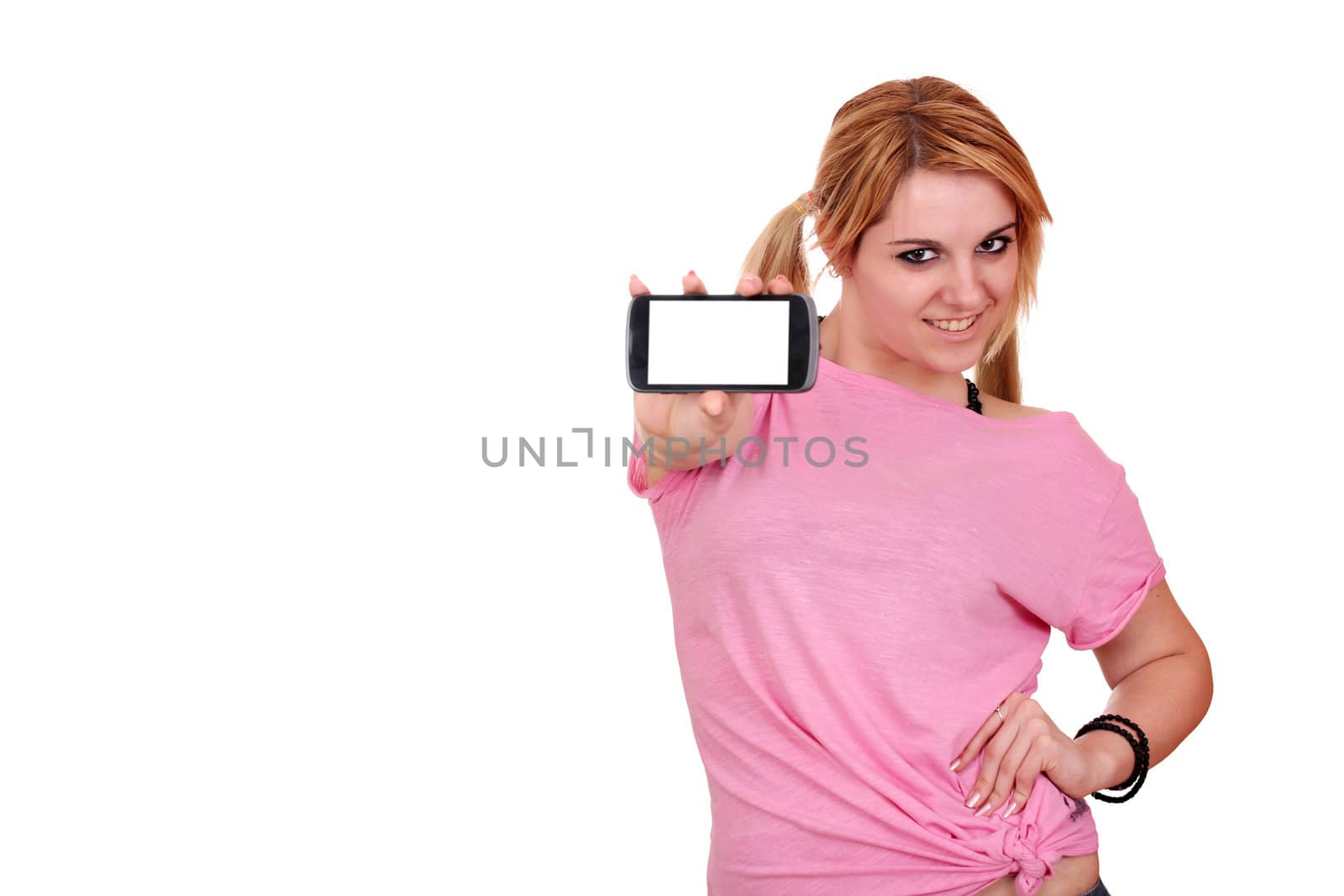 teenage girl with smart phone on white 