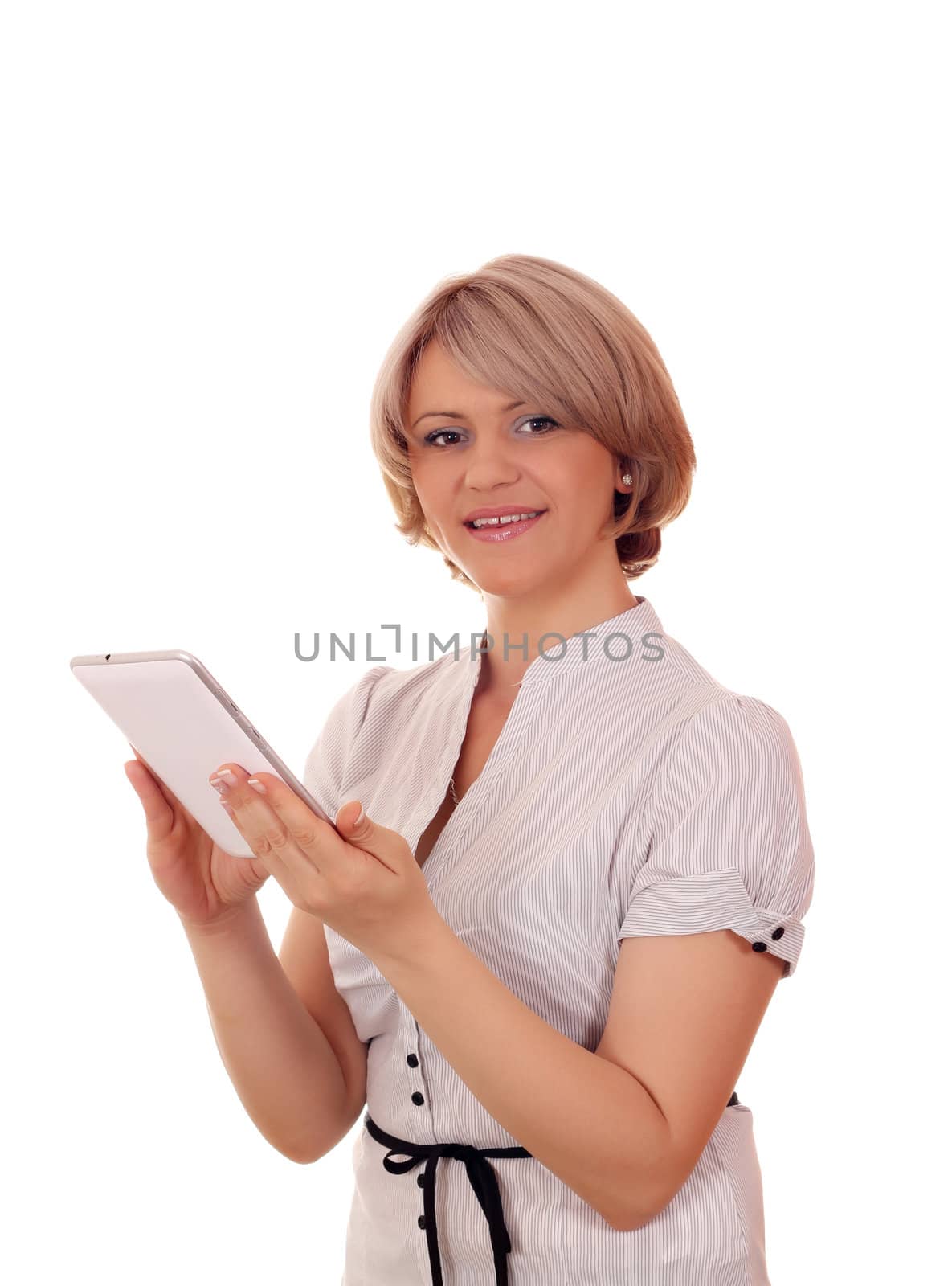 beautiful woman with tablet portrait on white  by goce