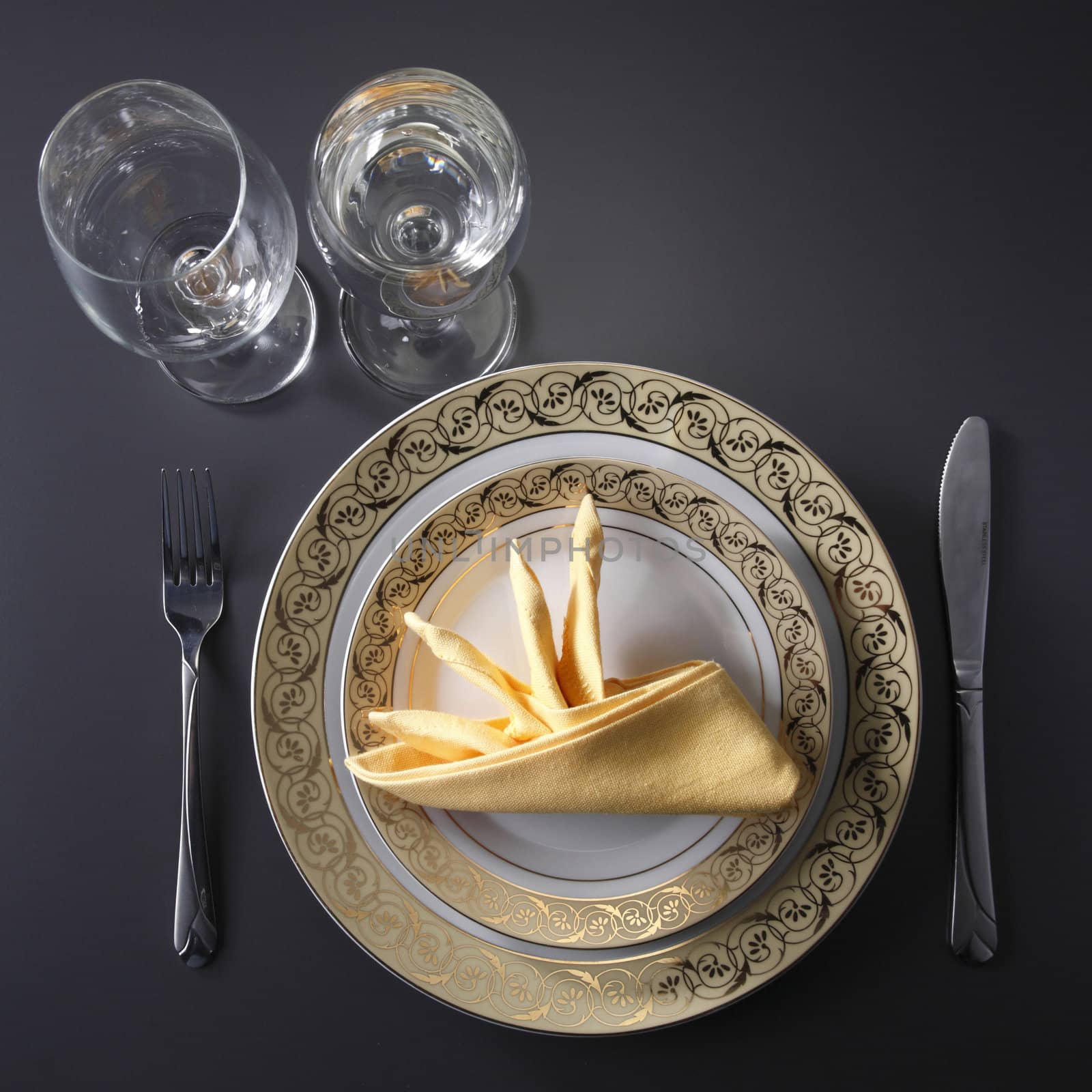 table setting for fine dining or party. cutlery and plate set up for wedding celebration 