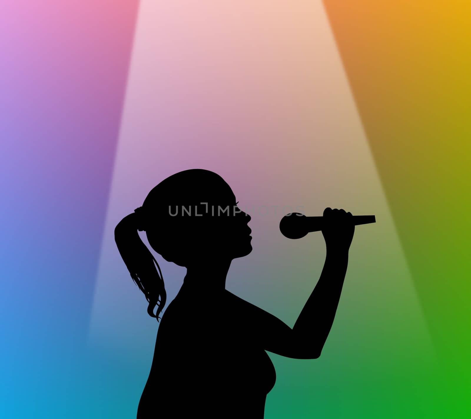 Illustration of a silhouette girl holding a microphone under a spotlight