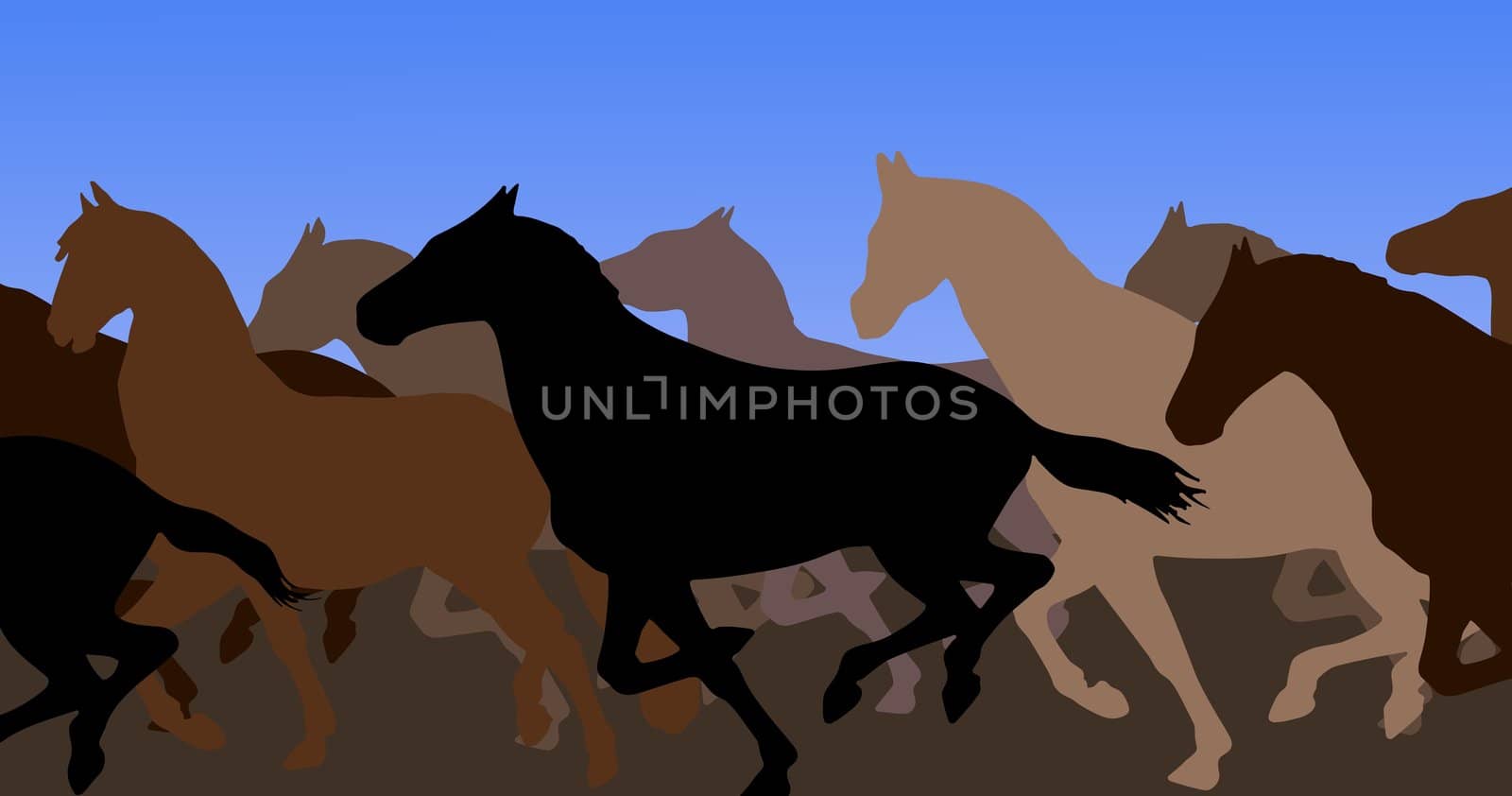 Illustration of a group of running horses