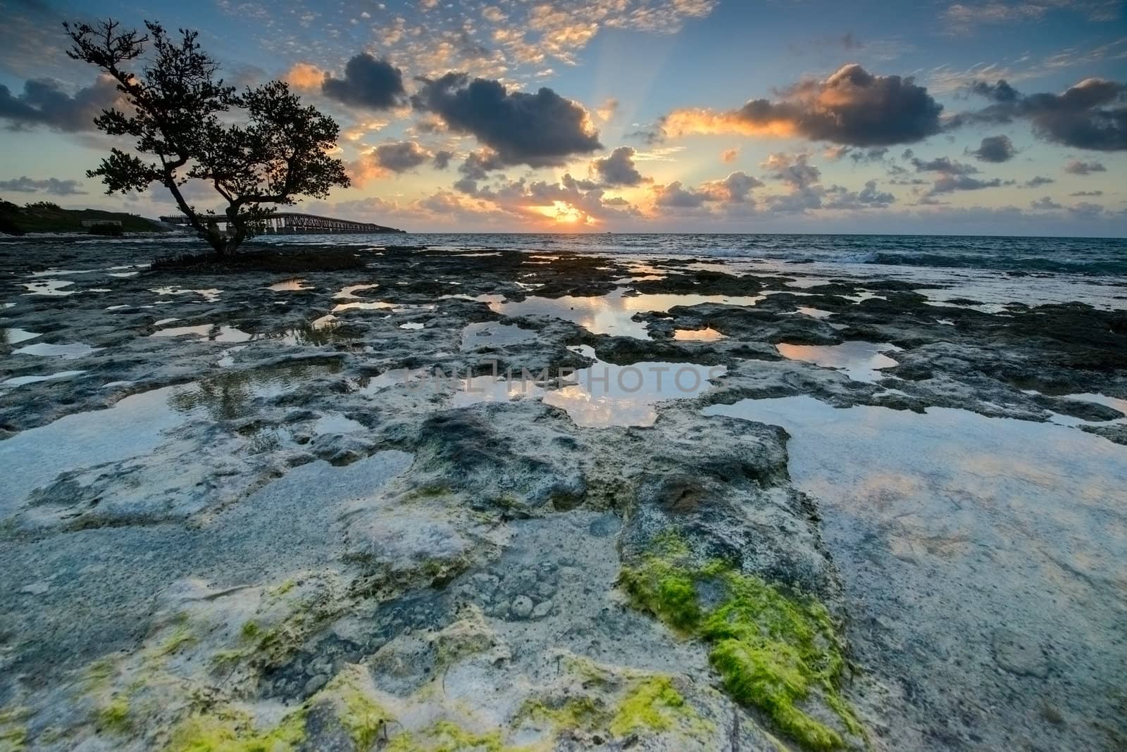 Sunrise over ocean in Florida Keys. View to the Old Bahia Honda Railroad bridge.