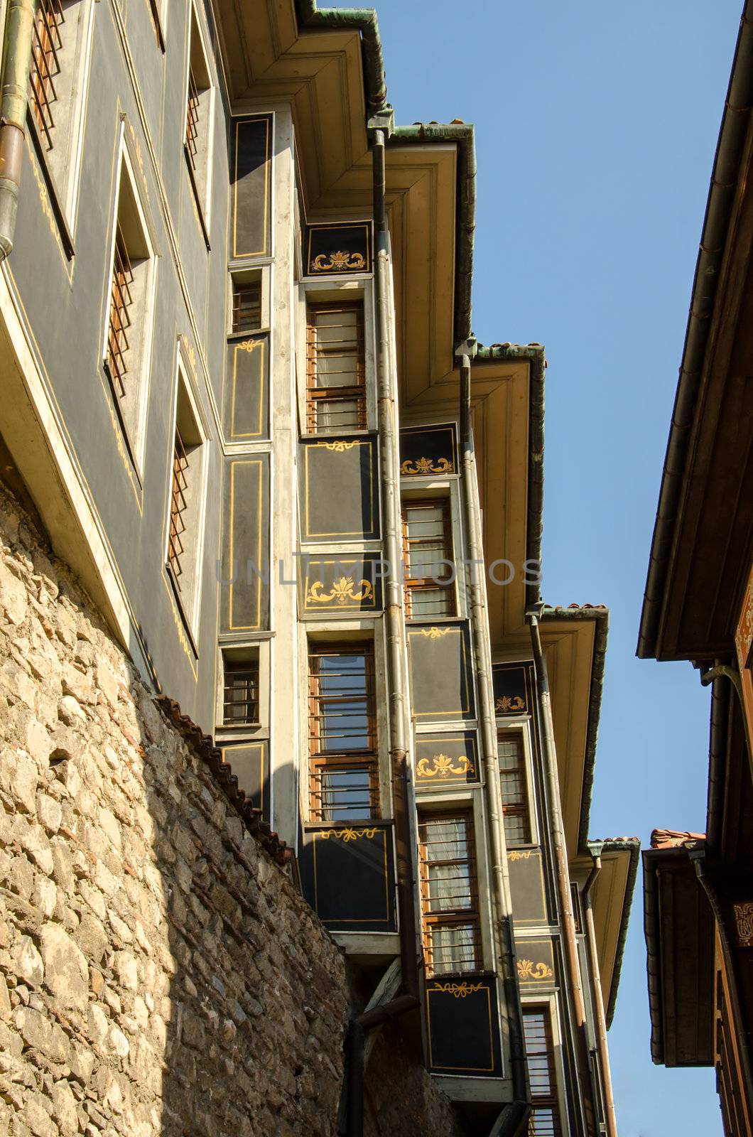 Houses built on the fortress wall in the old Plovdiv by velislava