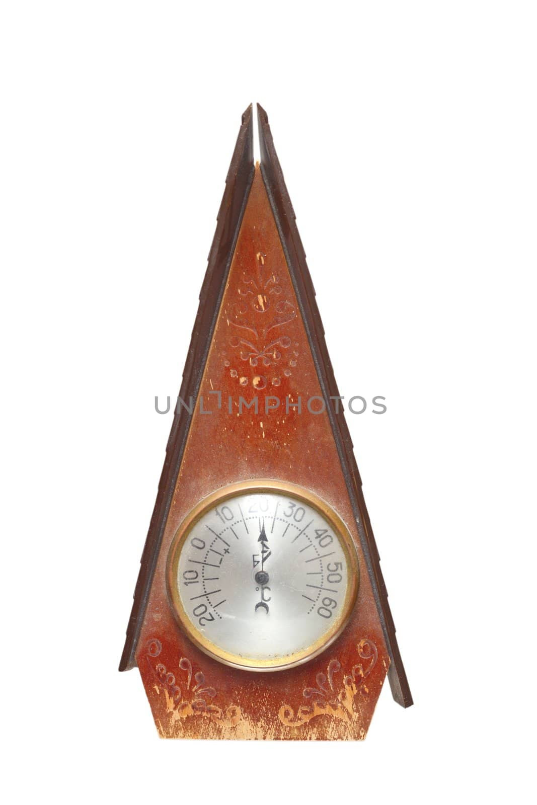 vintage thermometer in a wooden frame isolated on white