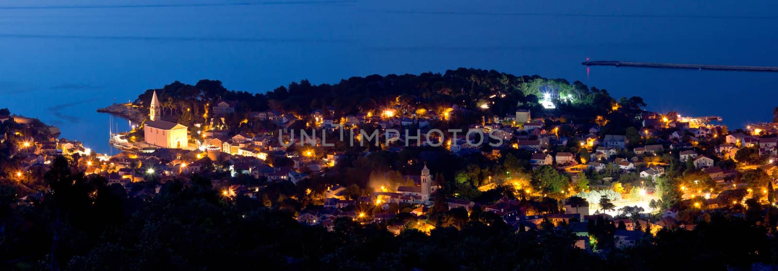 Adriatic town of Veli losinj panoramic aerial view at blue hour, Croatia