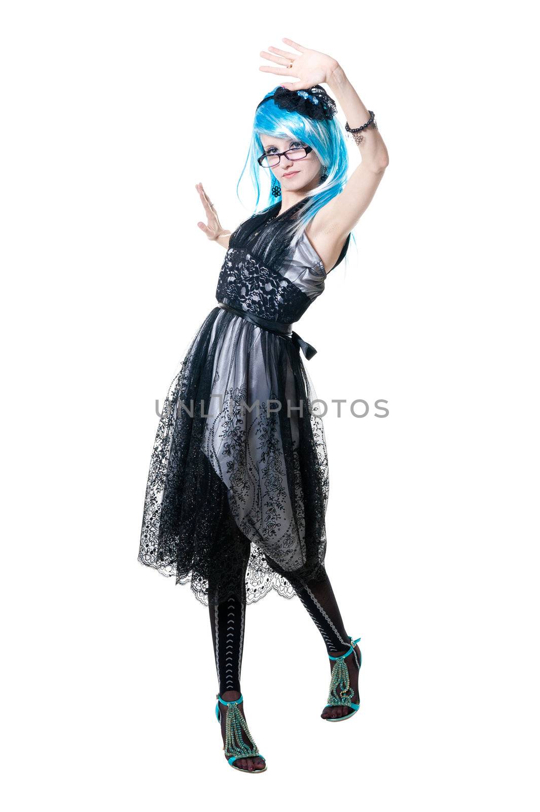 Beautiful girl in black dress isolated on white