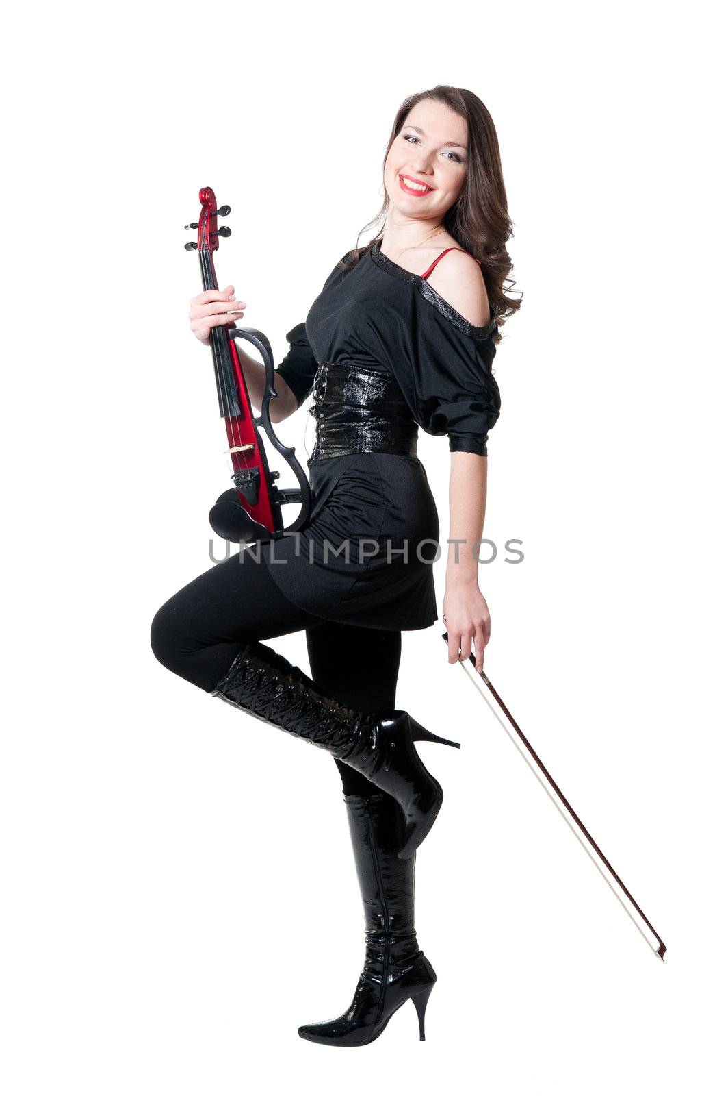 Violinist girl in black dress isolated on white background