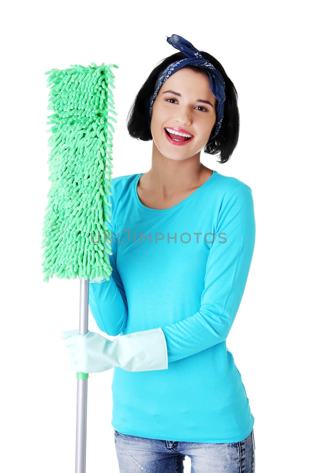 Happy cleaning woman portrait, isolated on white