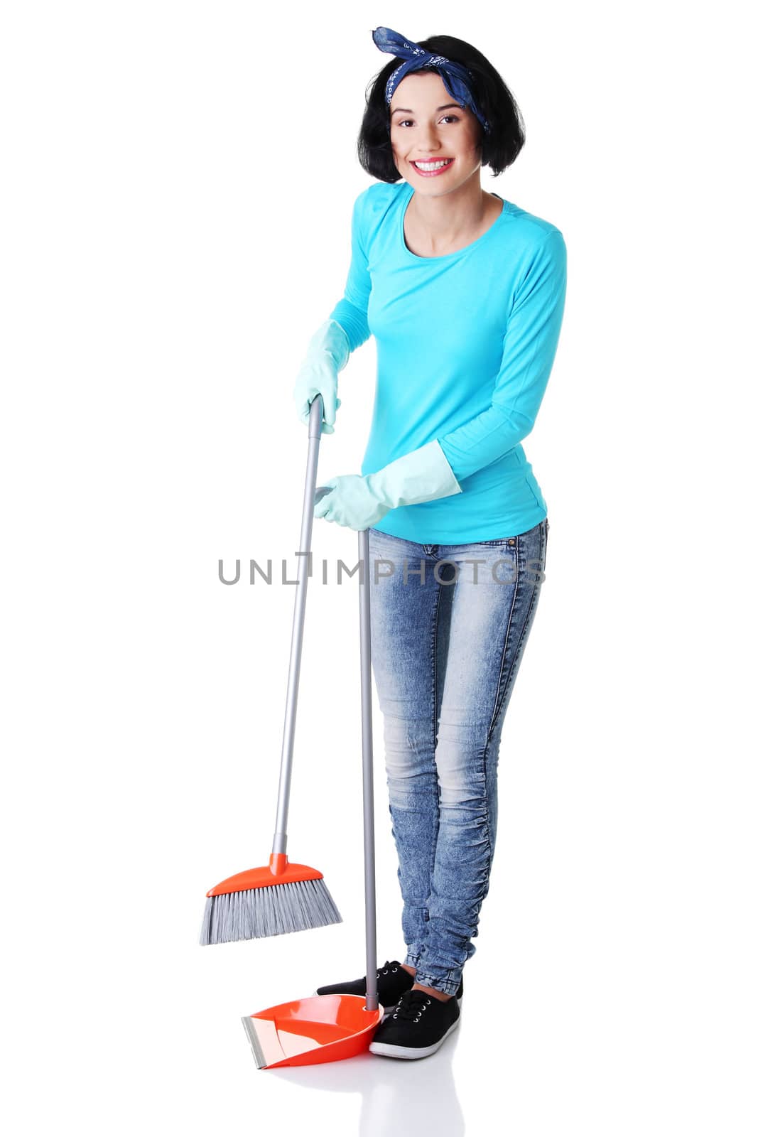 Happy cleaning woman portrait, isolated on white