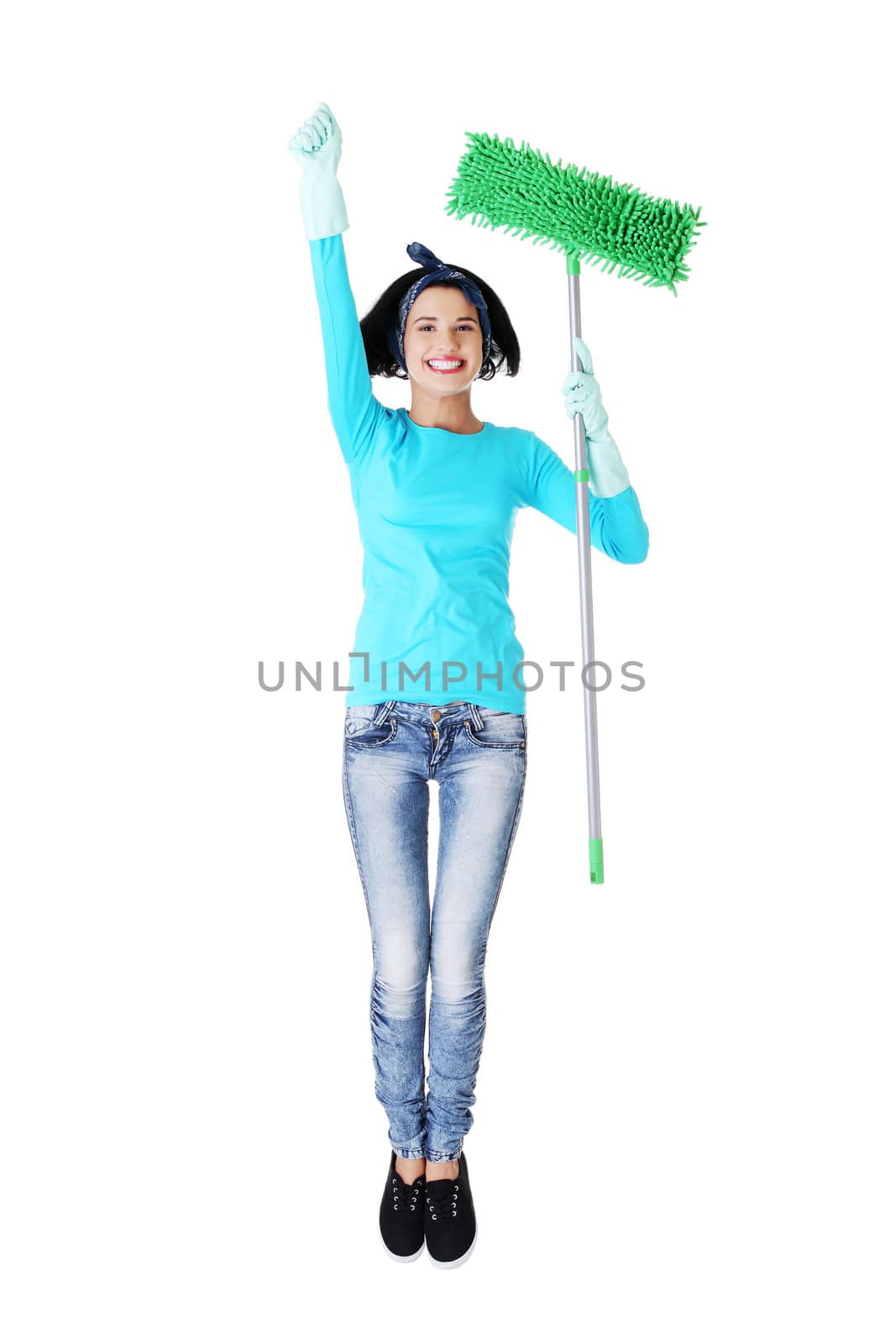 Happy cleaning woman portrait, isolated on white