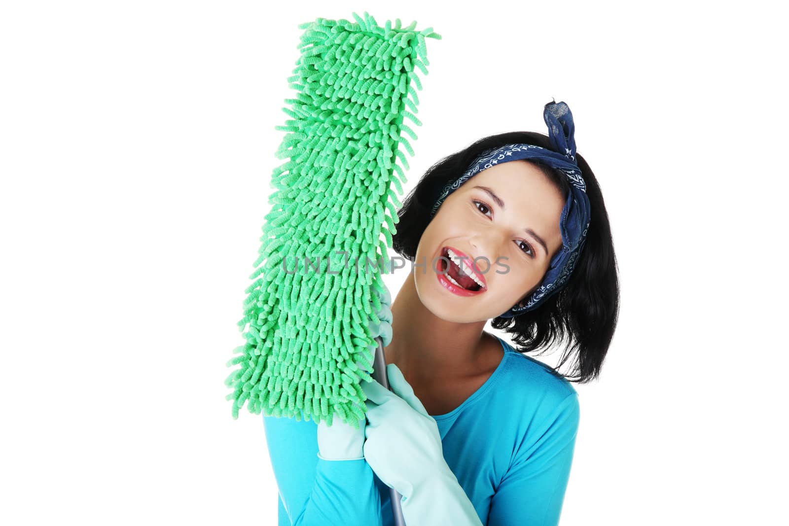 Happy cleaning woman portrait, isolated on white