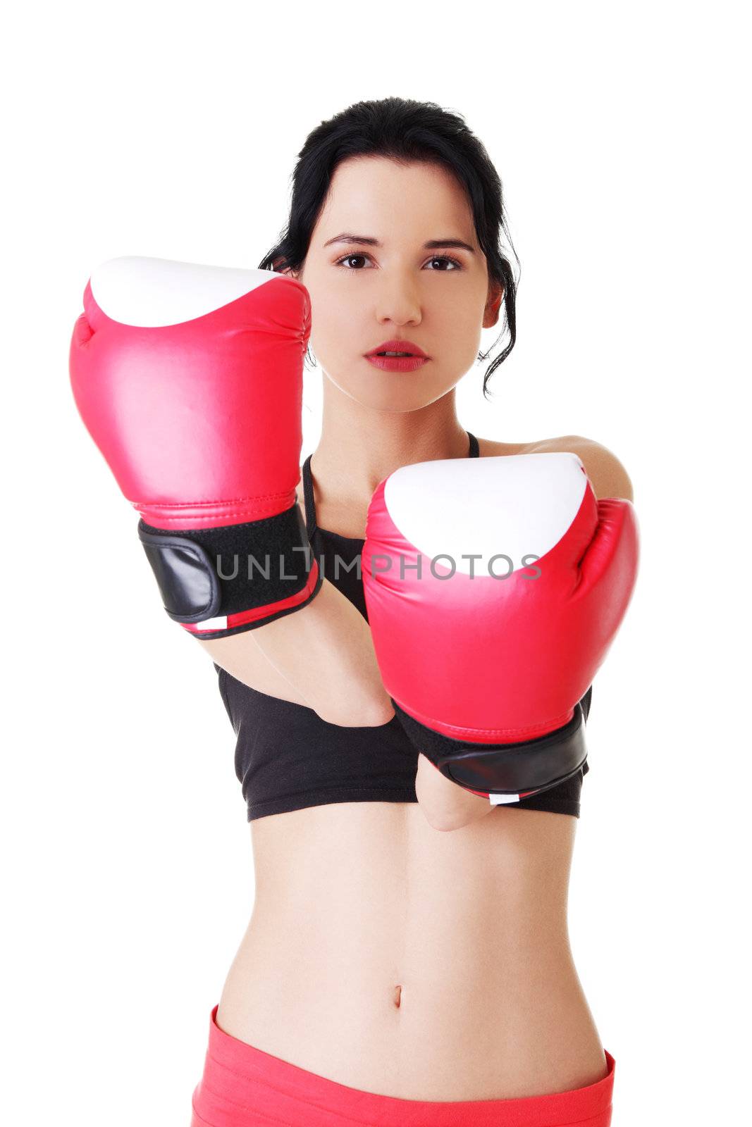 Boxing fitness woman wearing red boxing gloves. Isolated on white.
