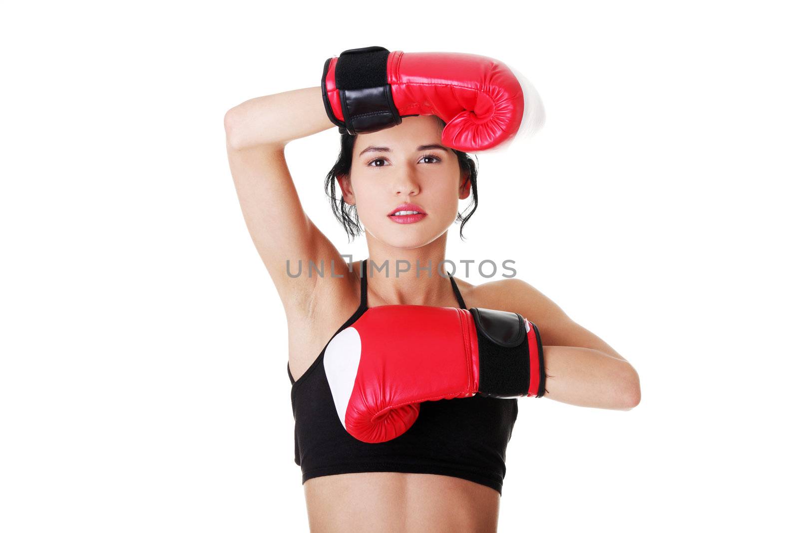 Boxing fitness woman wearing red gloves. by BDS
