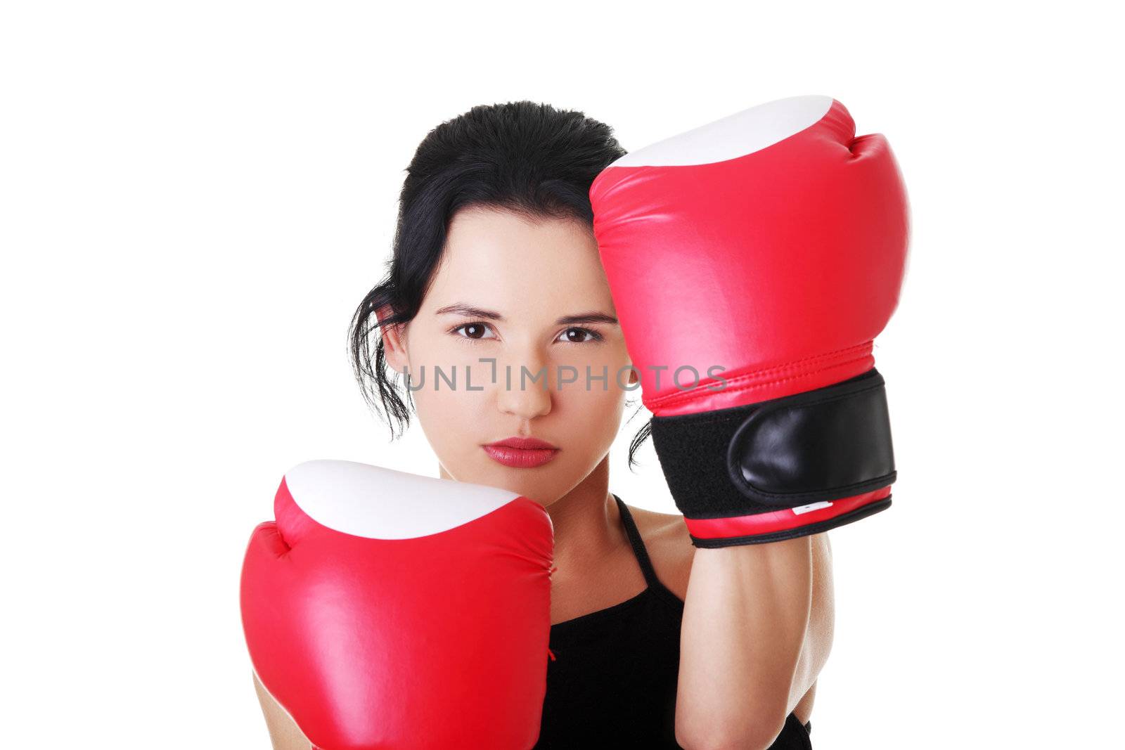 Boxing fitness woman wearing red boxing gloves. Isolated on white.