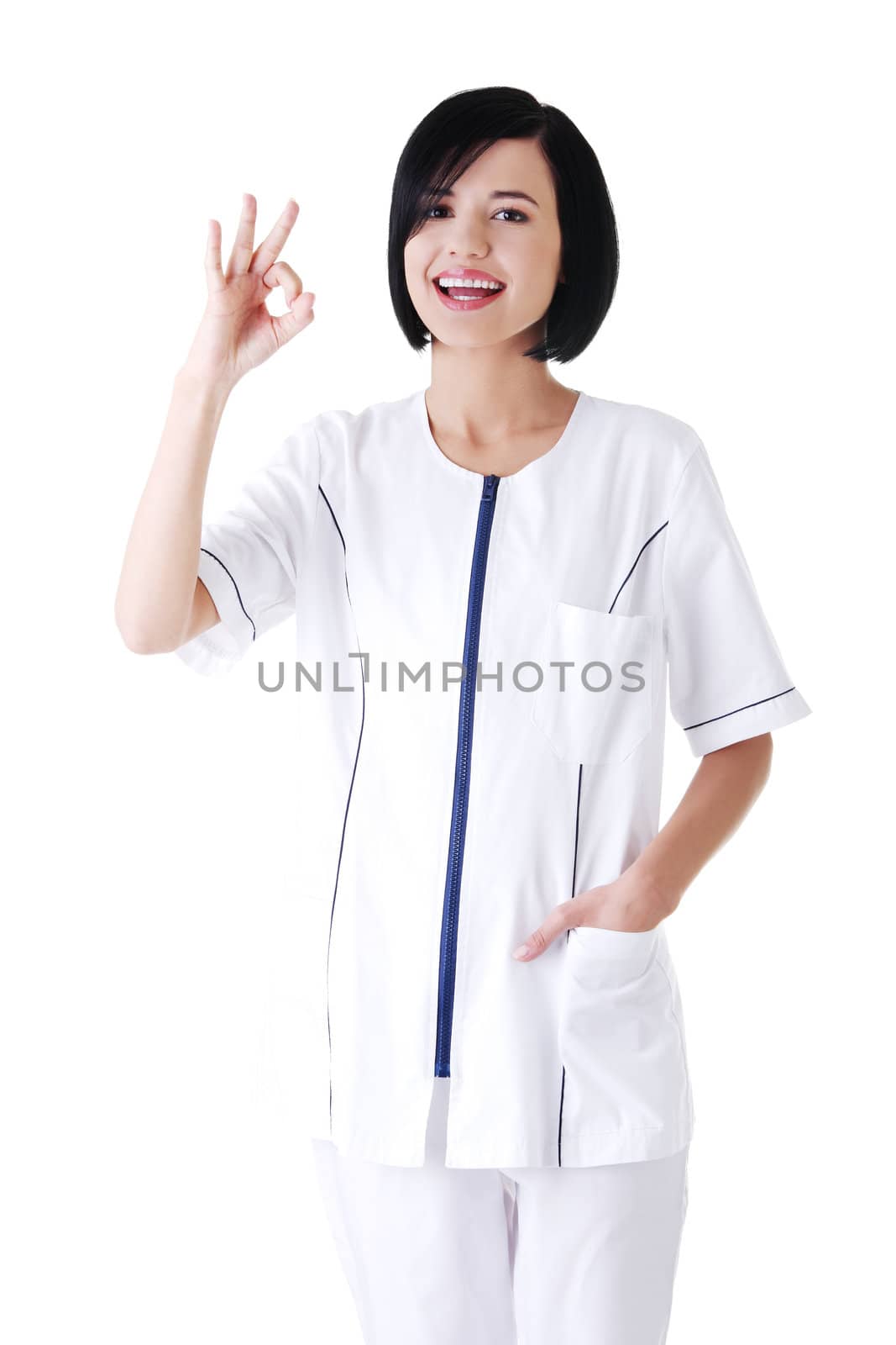 Young female doctor or nurse gesturing perfect by BDS