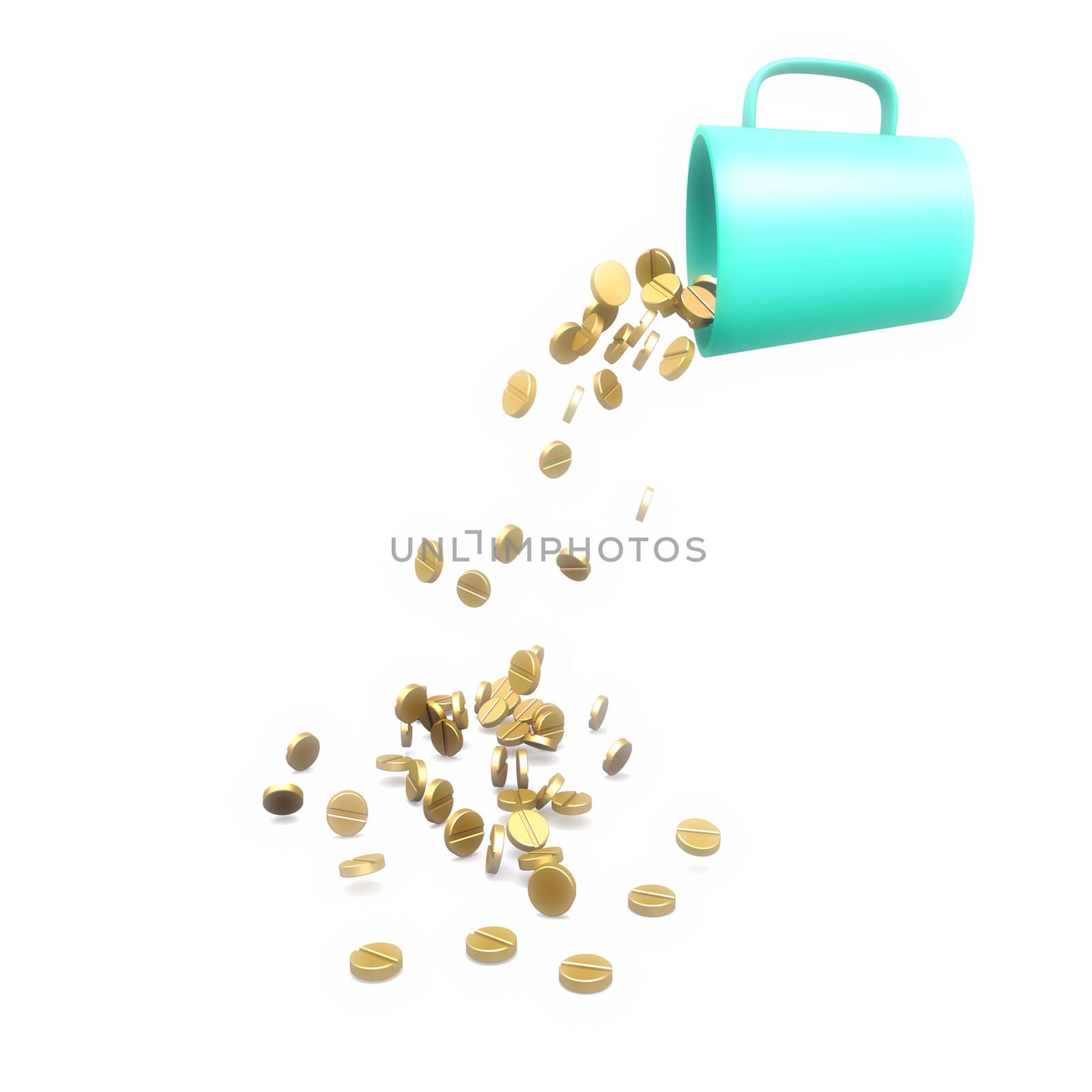 Gold tablets fall from a green mug