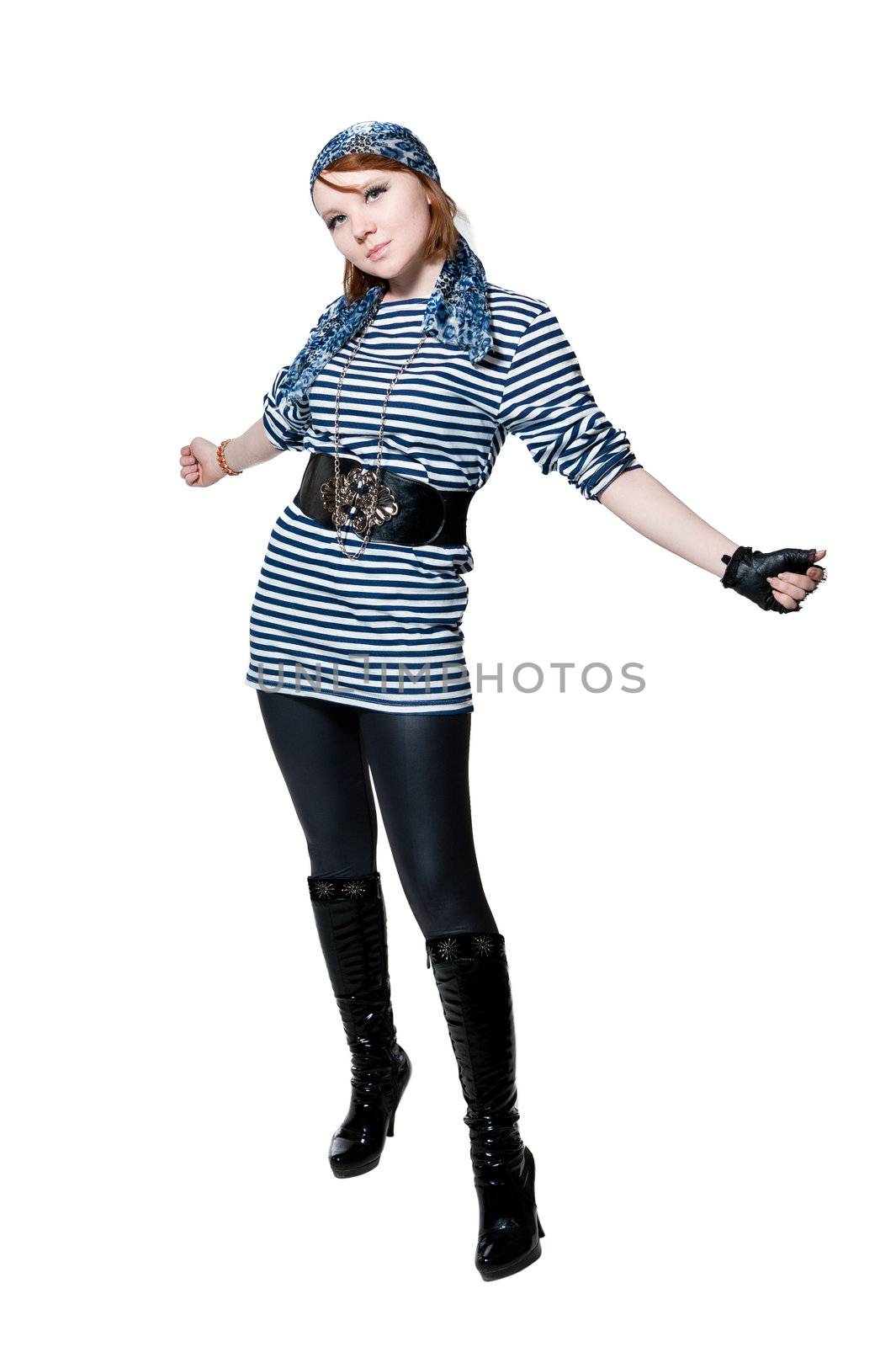 The beautiful girl dressed as the pirate isolated on white background