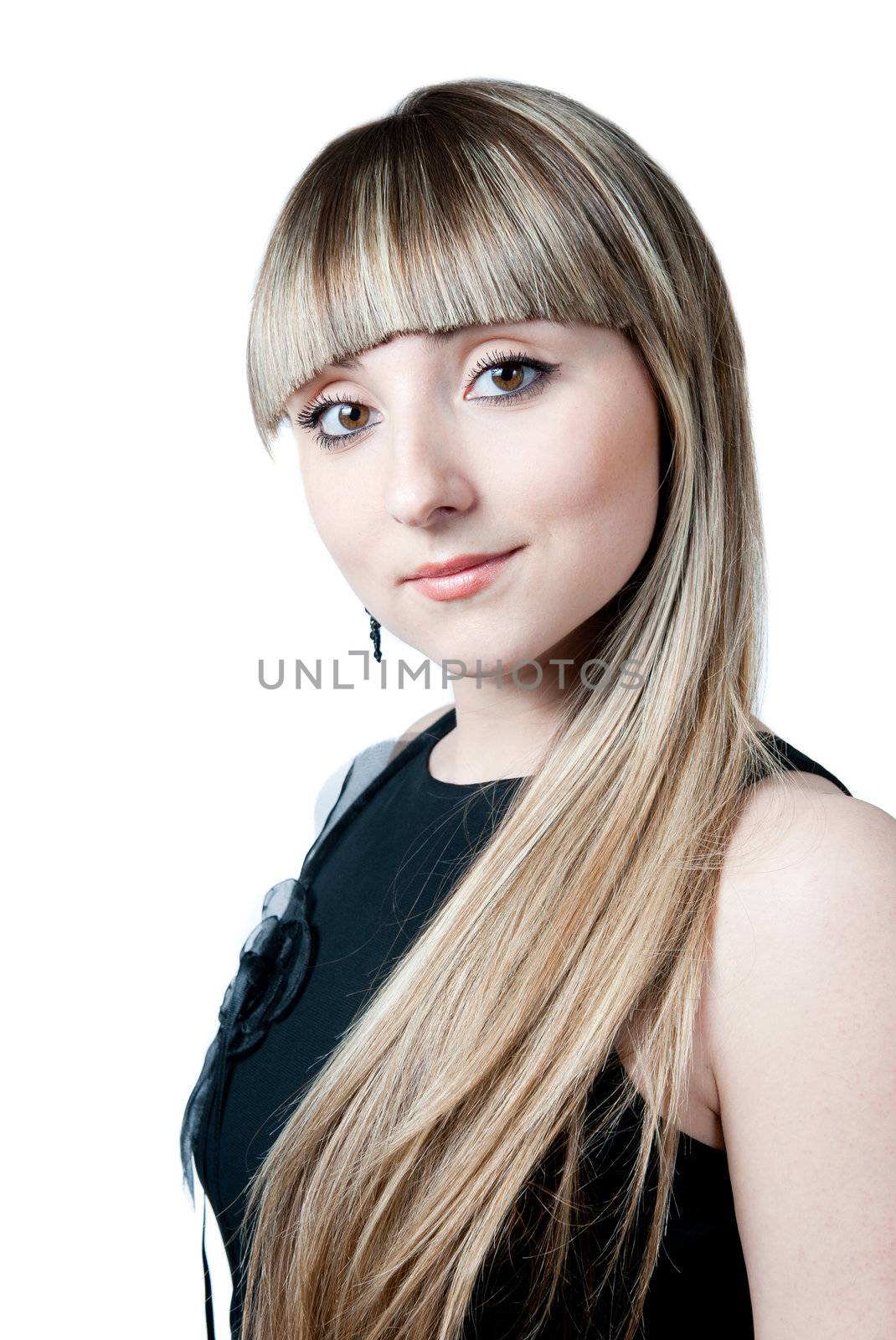 The beautiful girl in black dress isolated on white