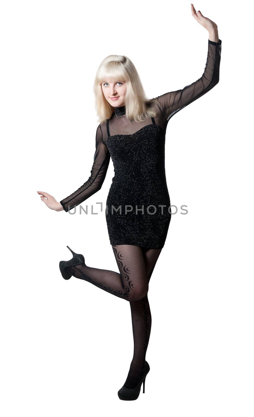 Beautiful blonde in  black dress isolated on white