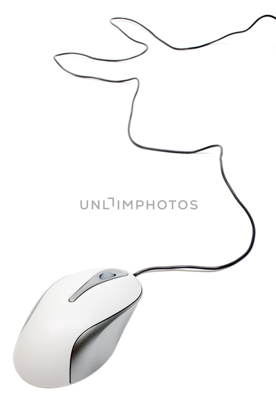 White computer mouse with wire isolated on white background.