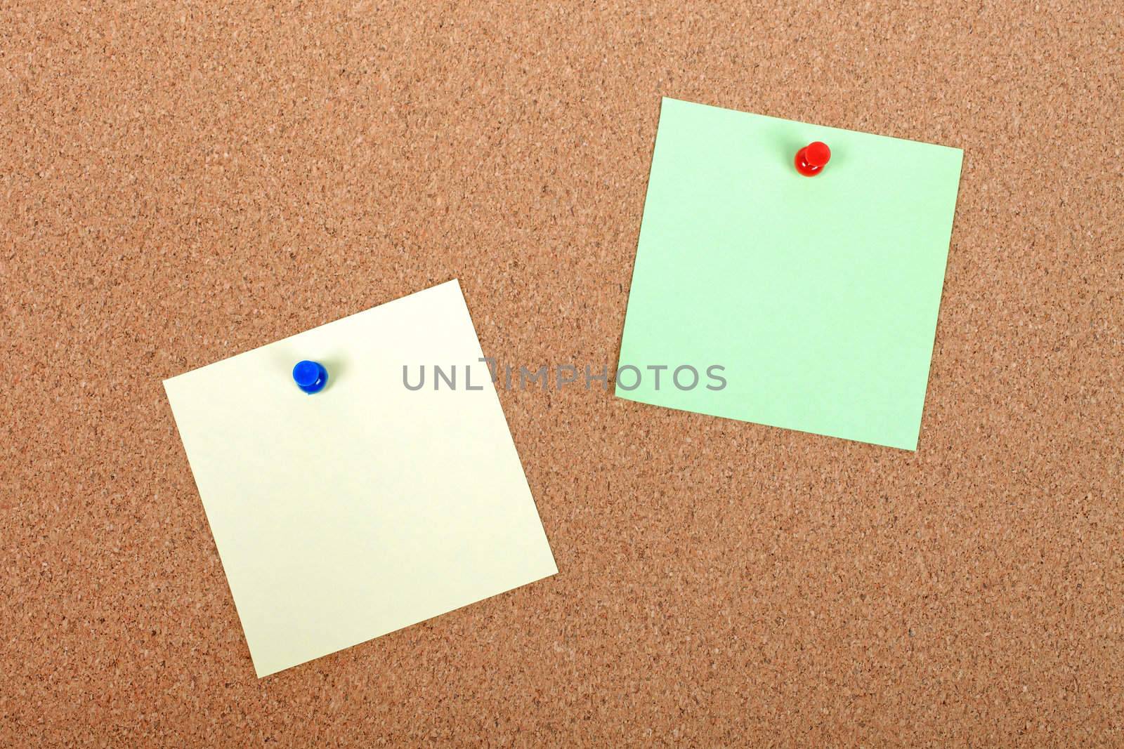 Color note paper attached to corkboard with pushpins. Empty spac by borodaev