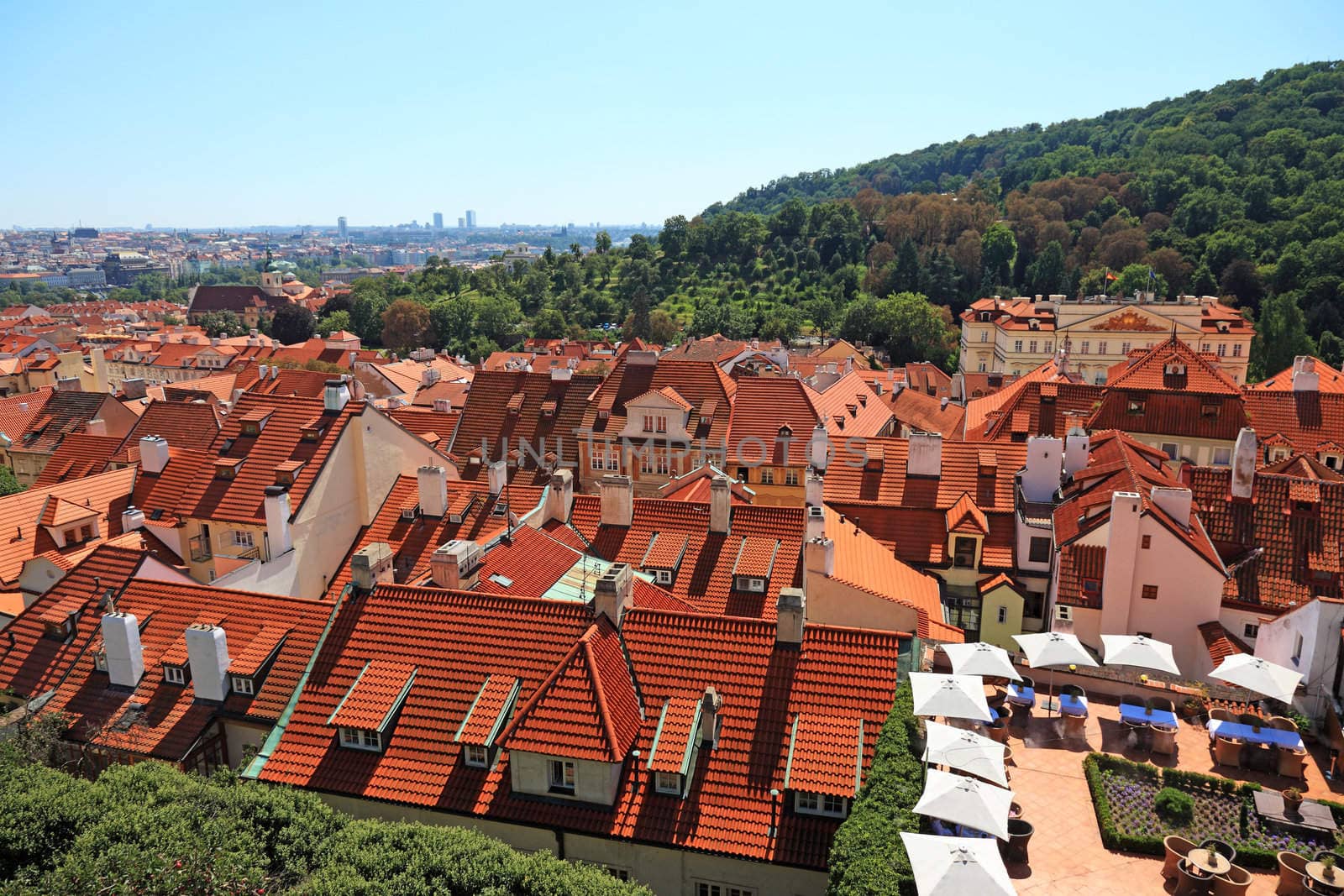 Cityscape view of old Prague from high view point.