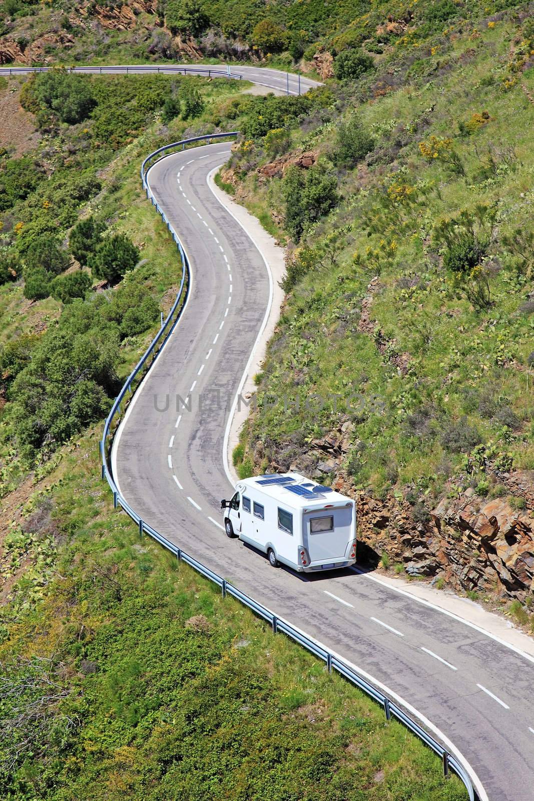 Camper on the road near border between Spain and France.