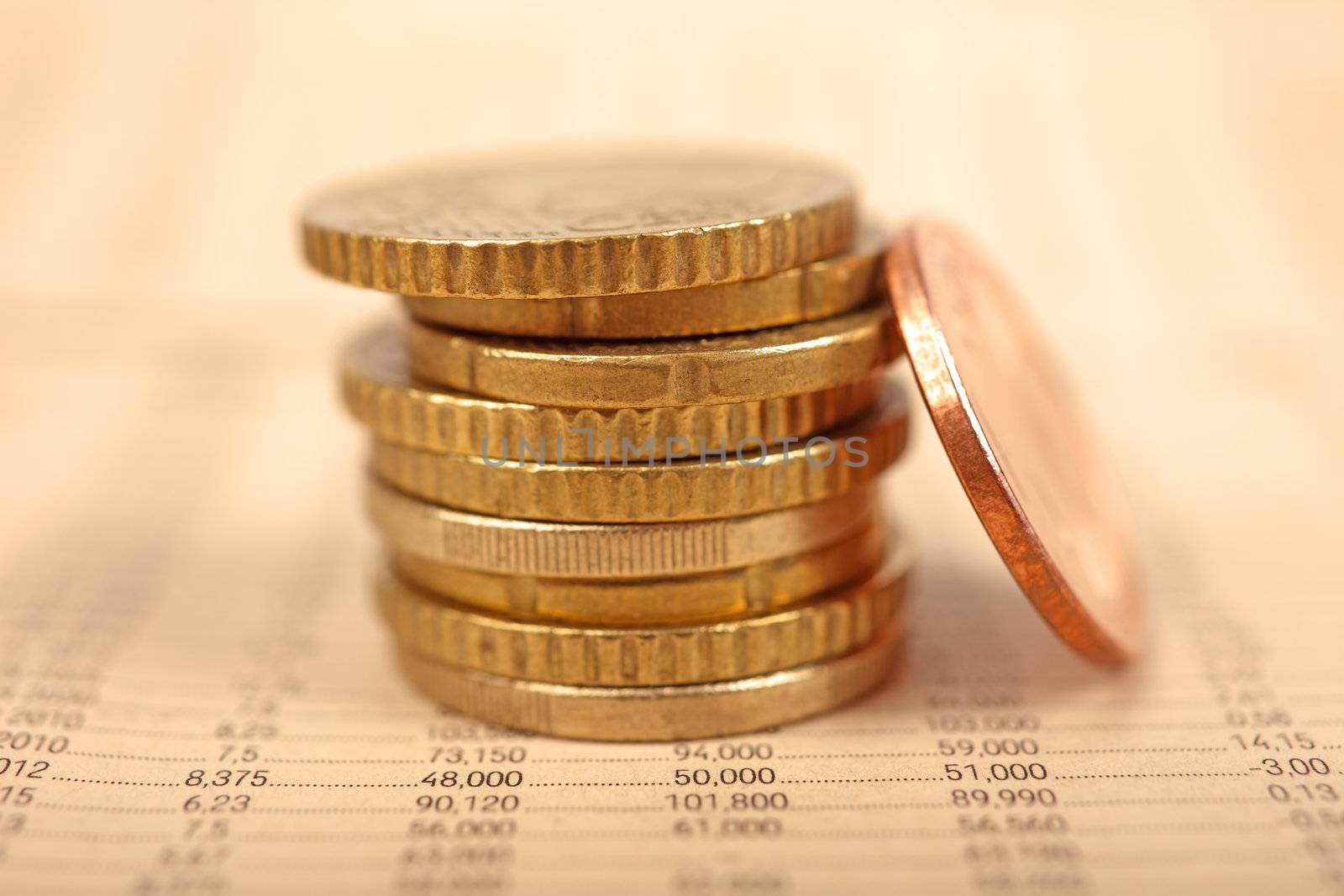 Macro of euro coins and financial newspaper.