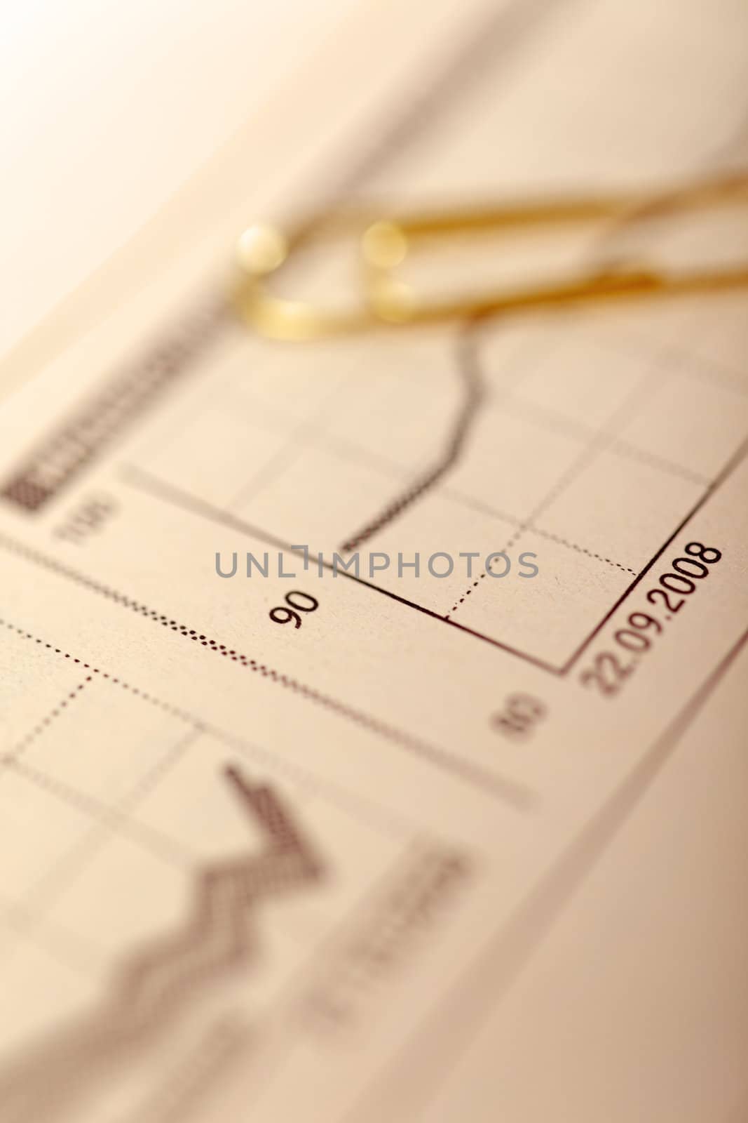 Selective focus macro of graph in financial newspaper and golden by borodaev