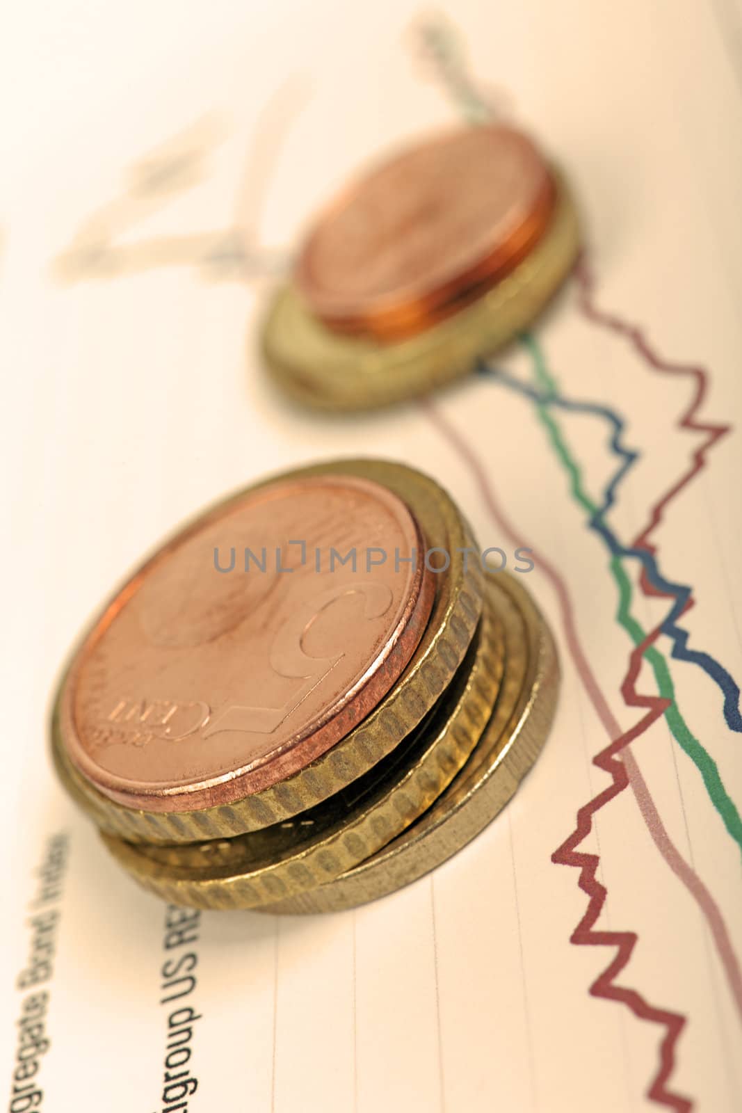 Euro coins laying on financial graph, selective focus, warm filt by borodaev