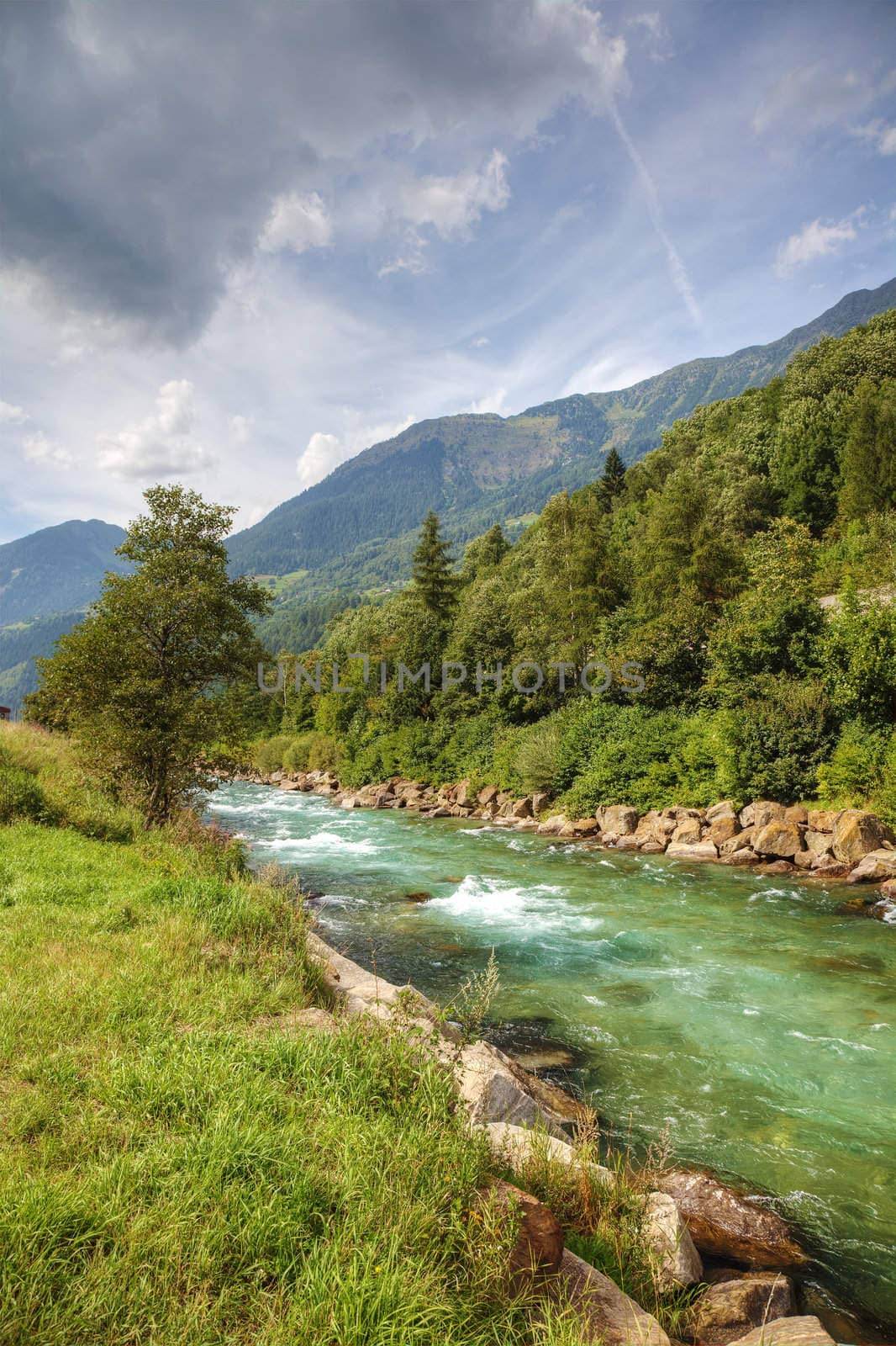 Clean mountain river in swiss Alps, Europe.