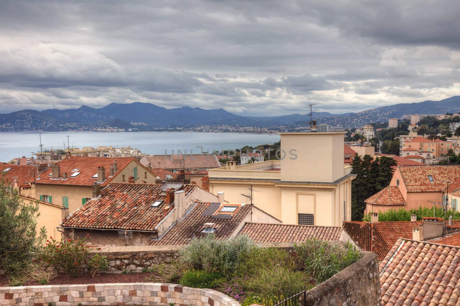 Cannes view during tungsten spring day before festival, France.