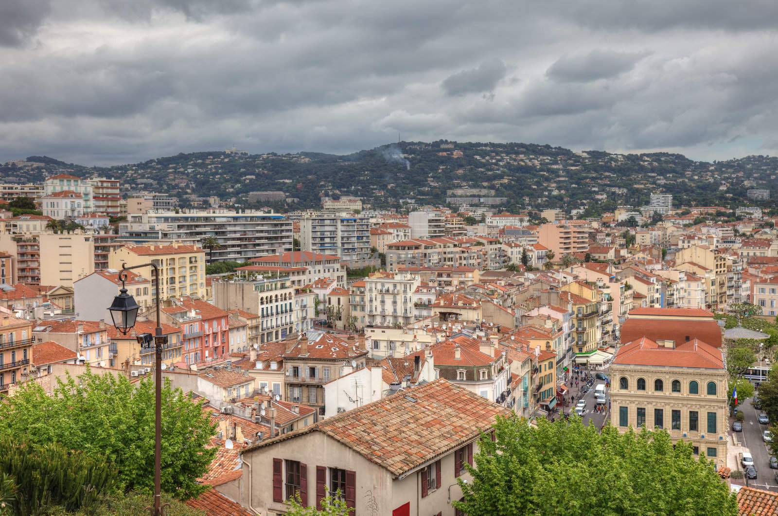 Cityscape of central Cannes during tungsten day before festival, France, Europe.