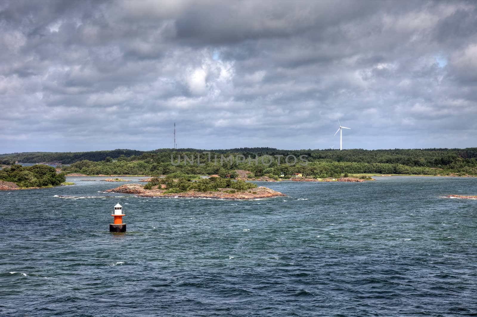 Baltic sea archipelago. Dramatic sky during summer day. Europe.