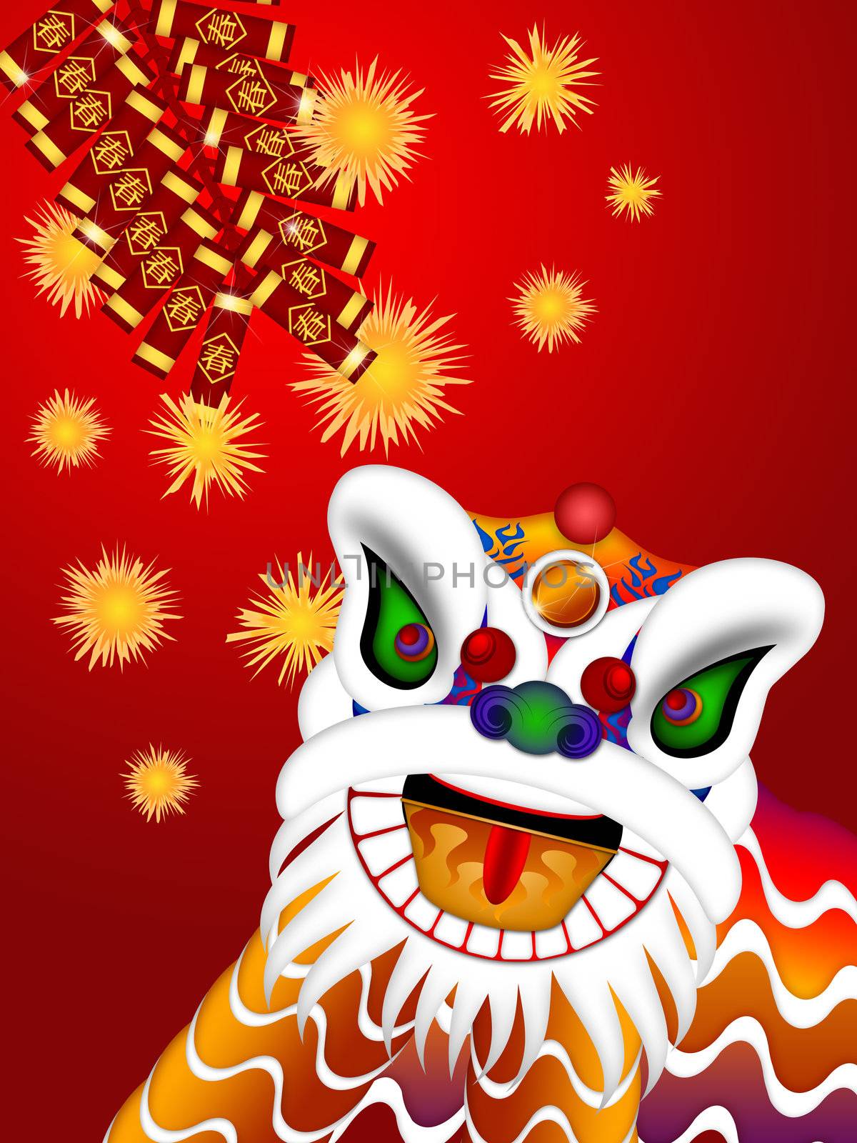 Chinese Lion Dance Colorful Ornate Head and Firecrackers with Spring Text Illustration on Red Background