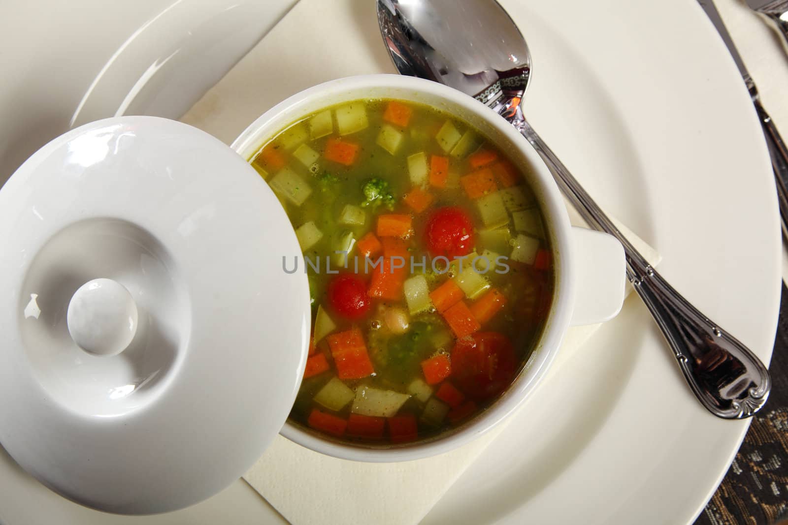 Vegetable soup served in a cup at restaurant