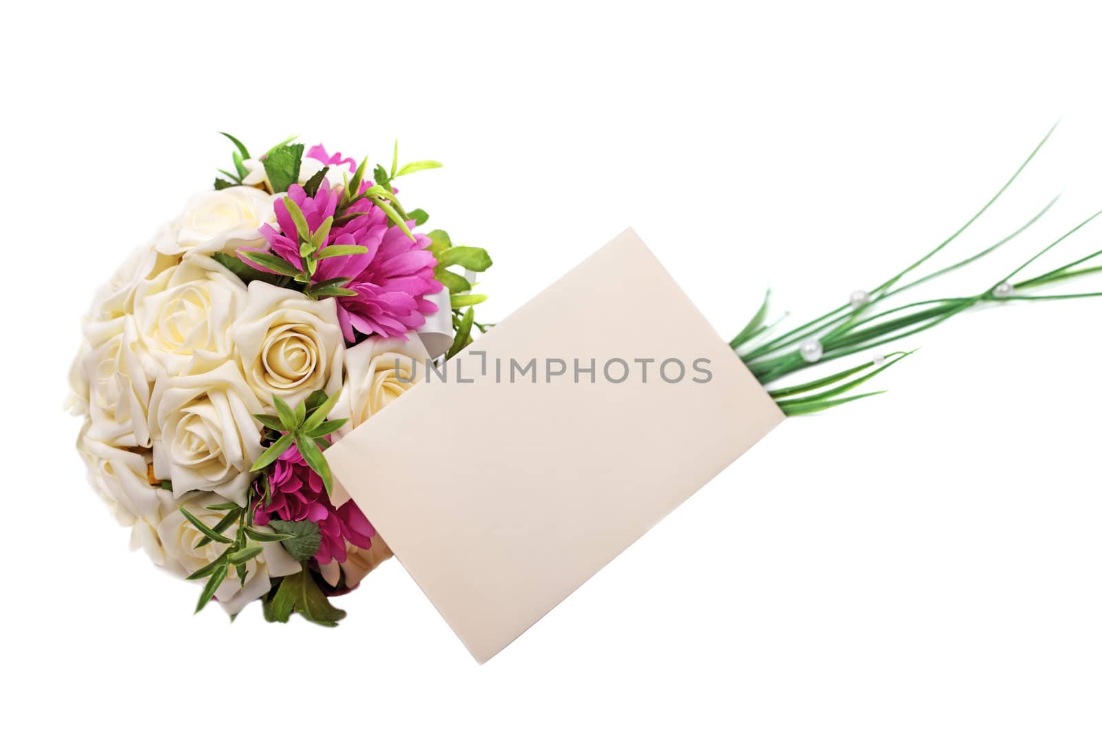 Wedding bouquet and blank envelope isolated on white background.