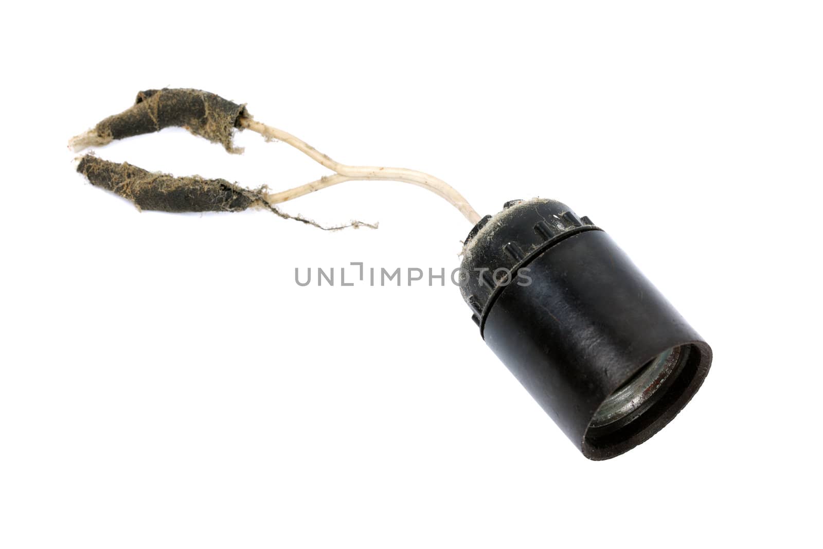Conceptual photo of old dusted lamp socket with cable illustrati by borodaev