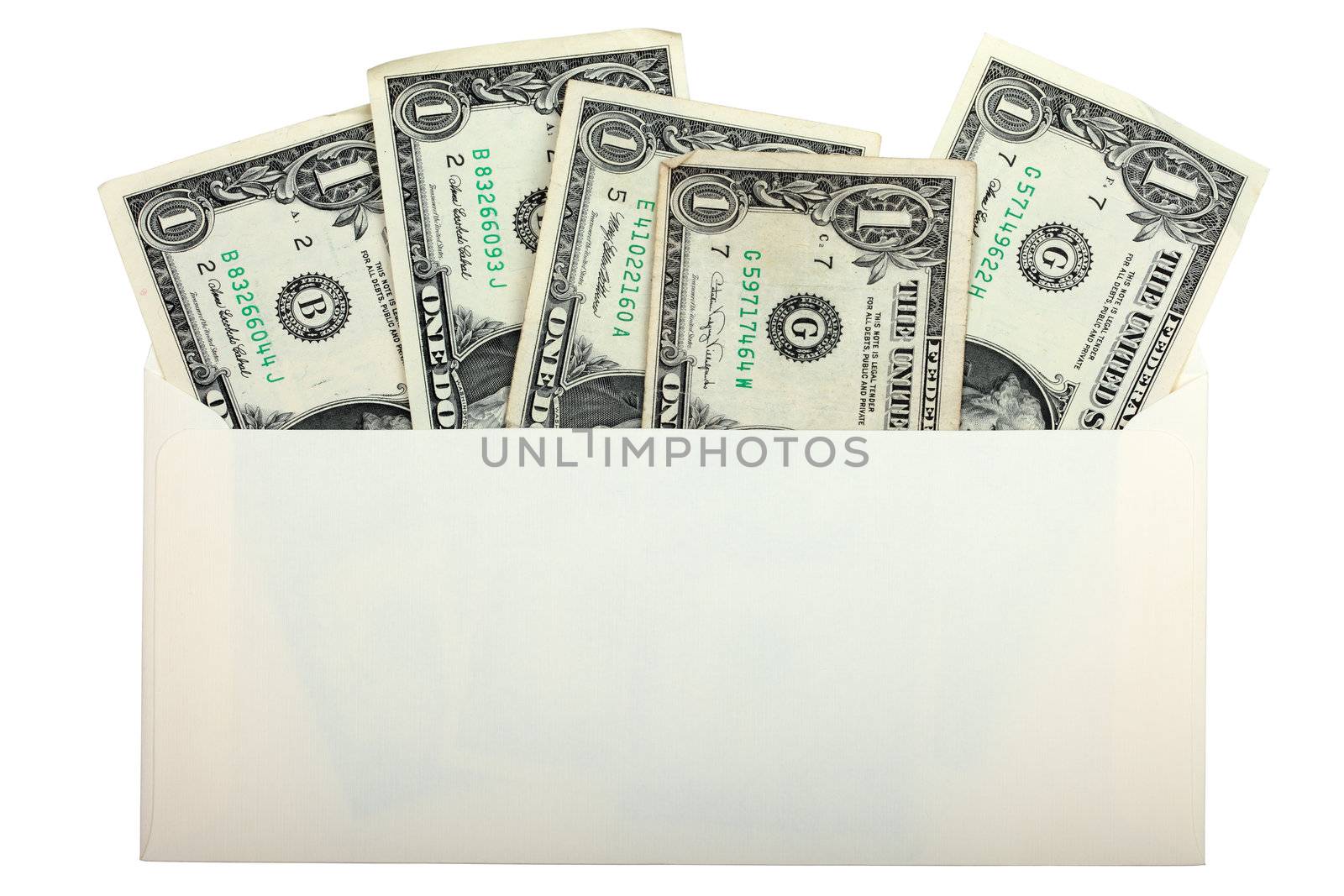 conceptual photo of US dollars inside envelope isolated on white background.