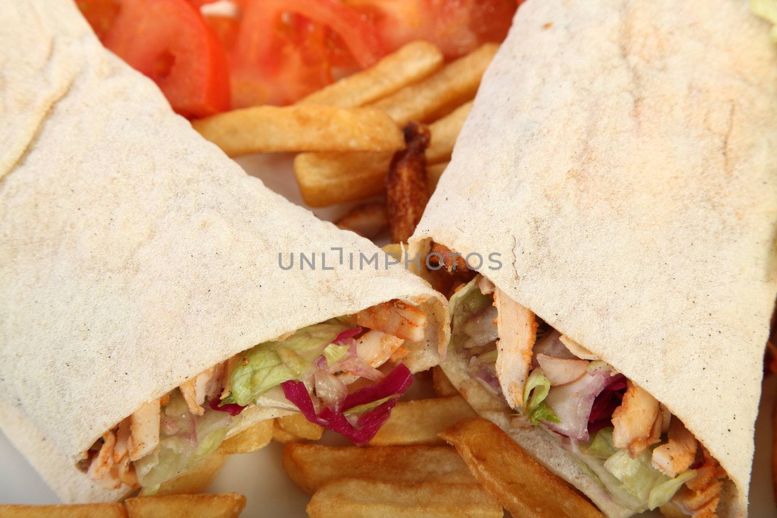 Chicken doner served with salad and french fries