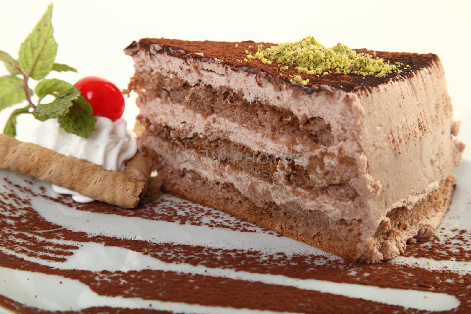 Chocolate cake with cream and mint