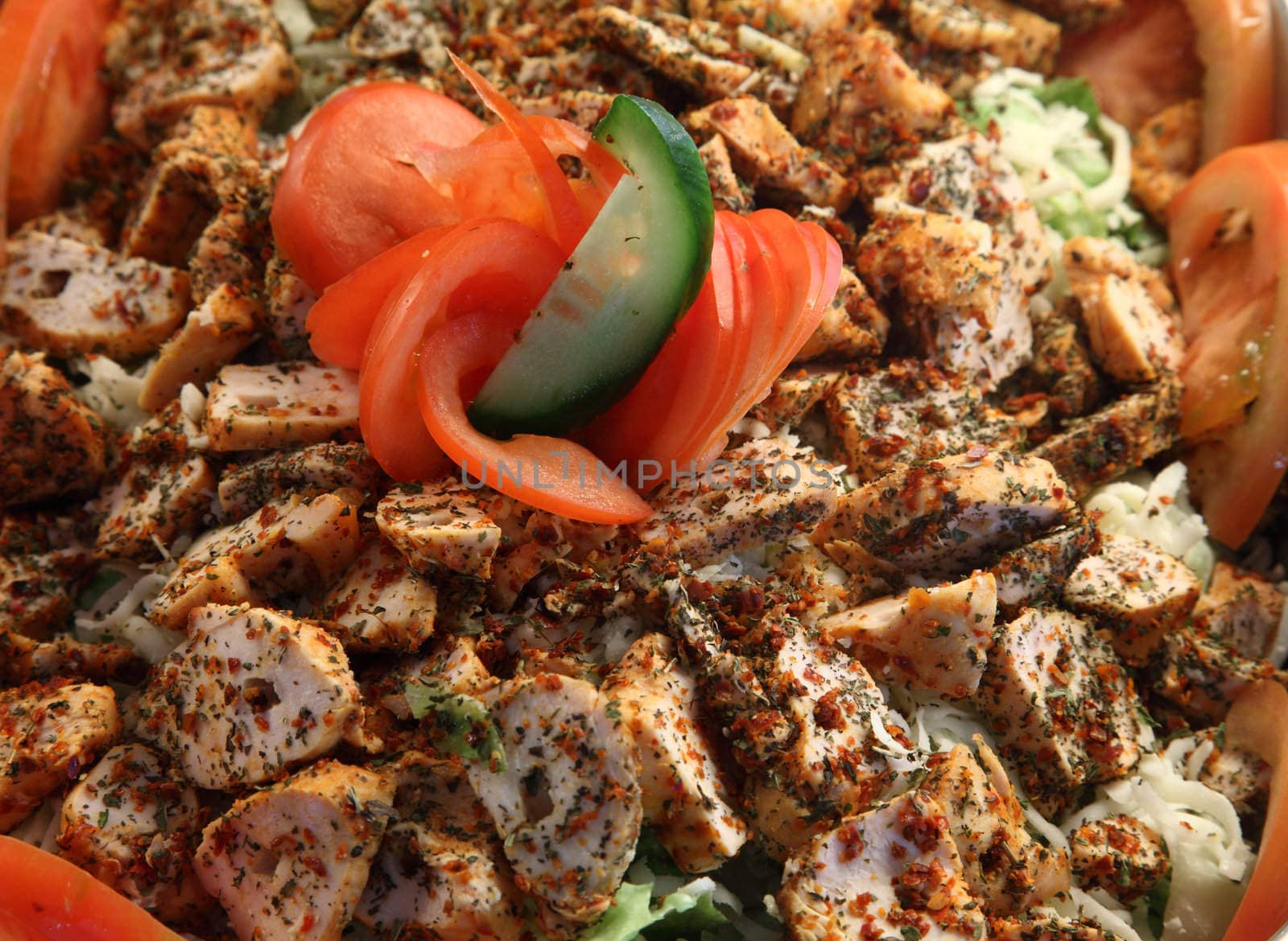 Chicken salad with fresh tomatoes and cucumber