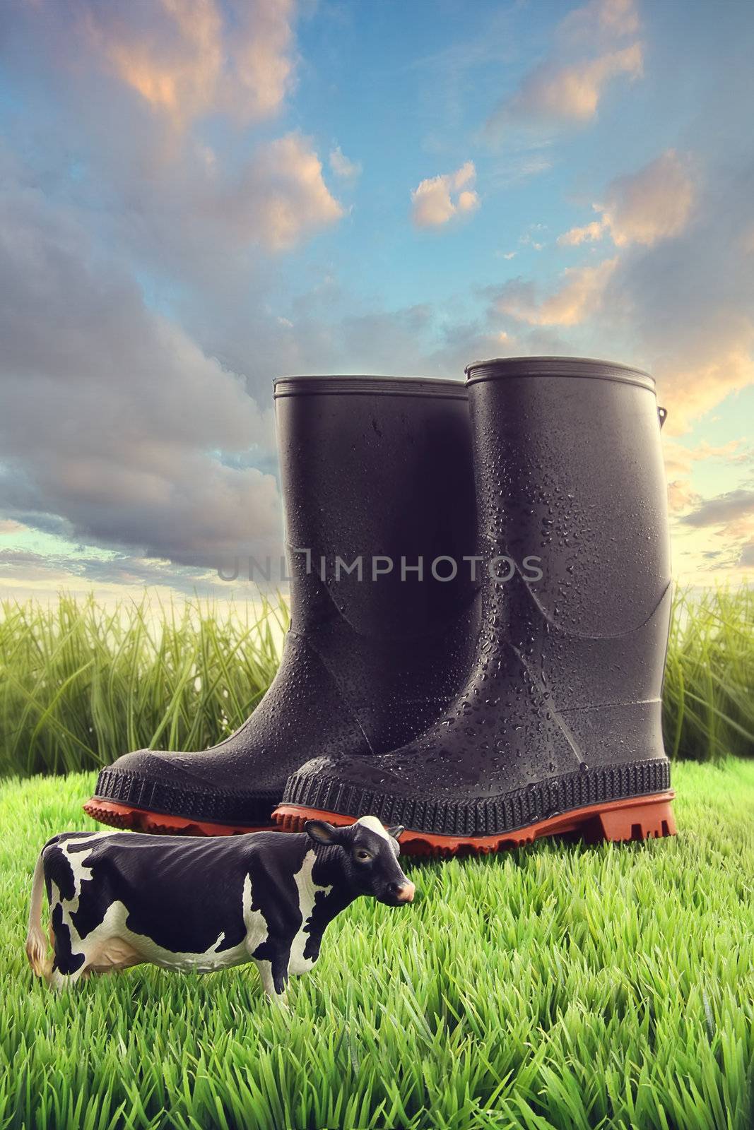 Rubber boots in grass with toy cow  by Sandralise