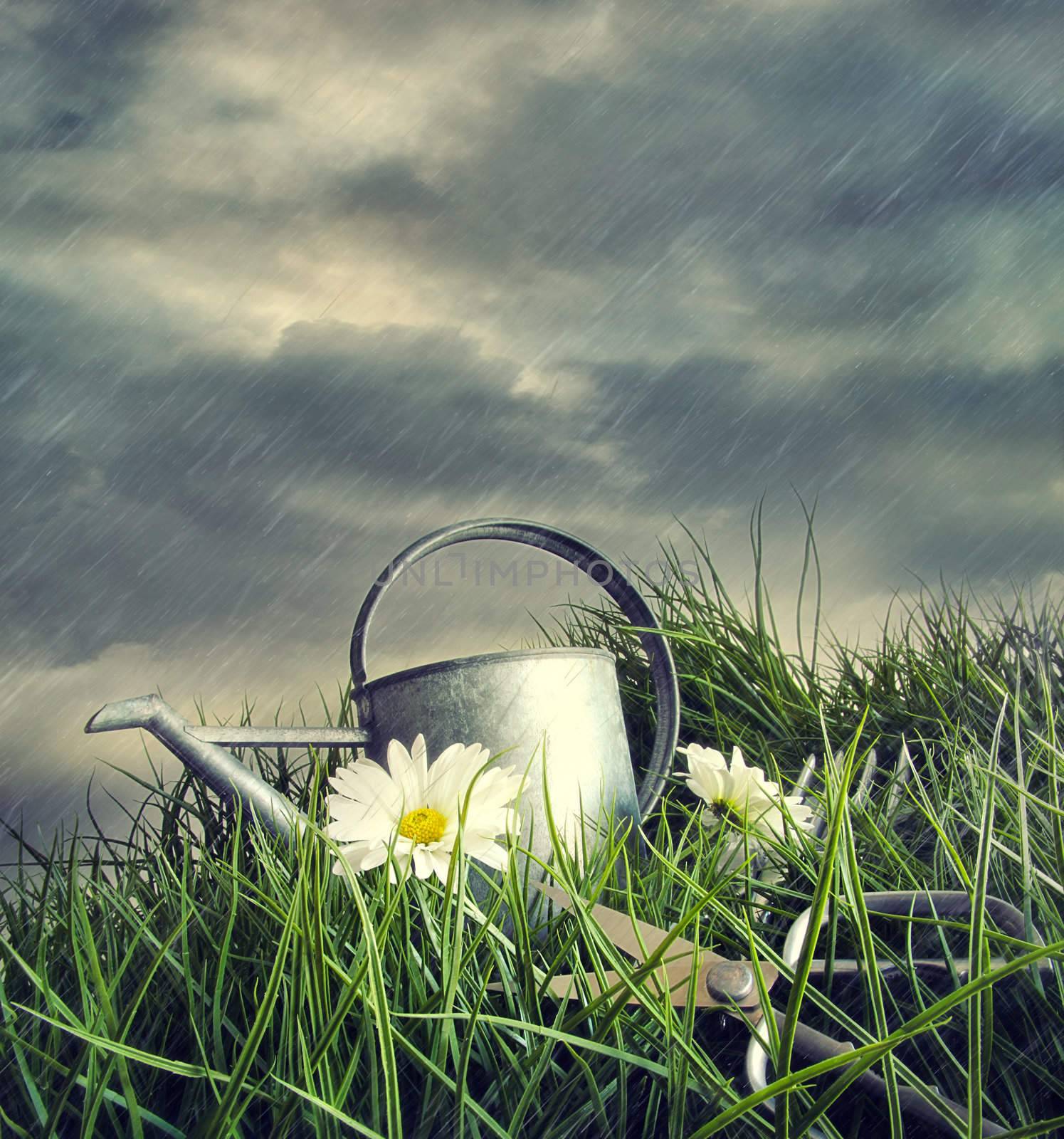 Watering can with flowers in a summer rain storm